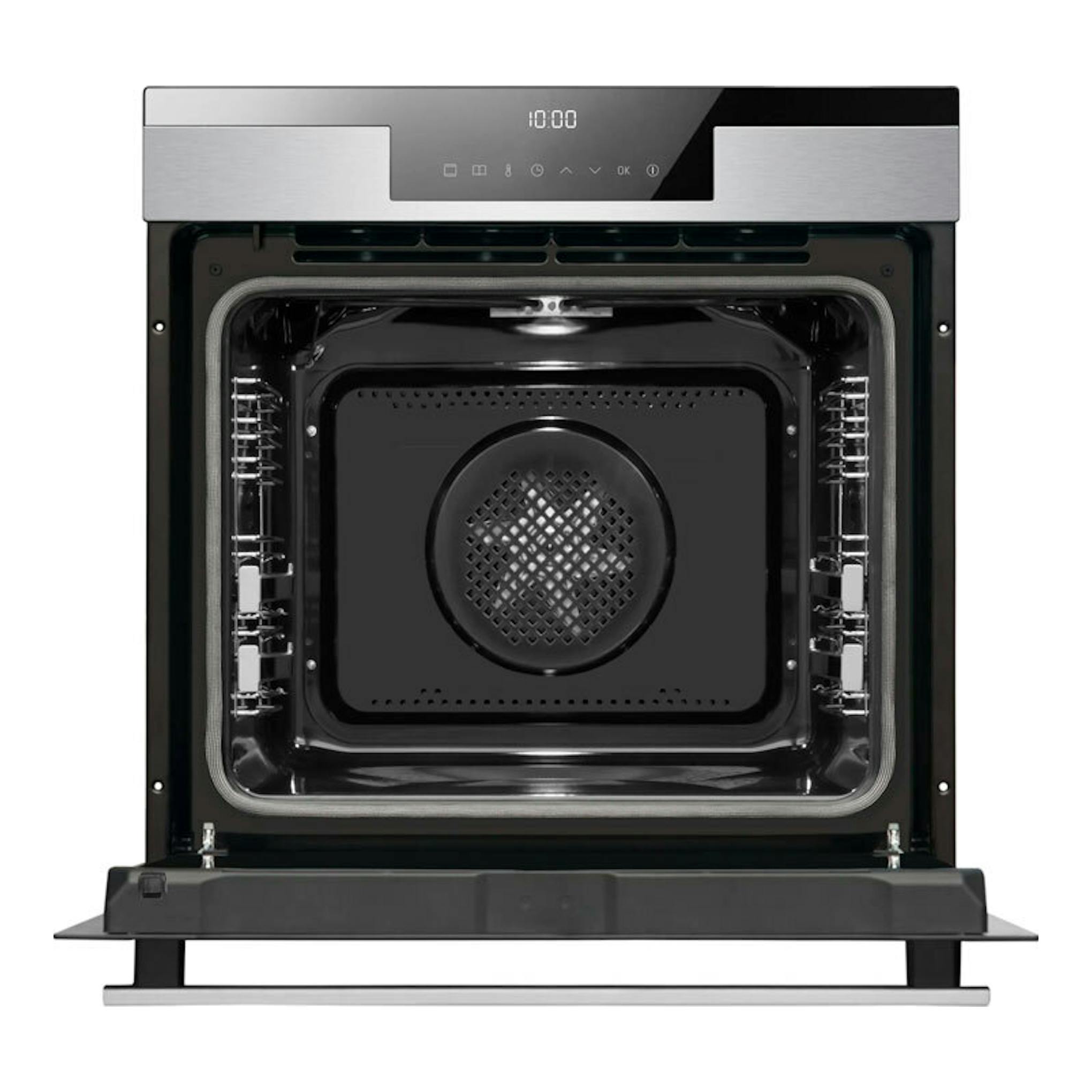 Horno Fagor 9H-760TCX inox, visto de frente con la puerta abatible abierta y panel digital superior.