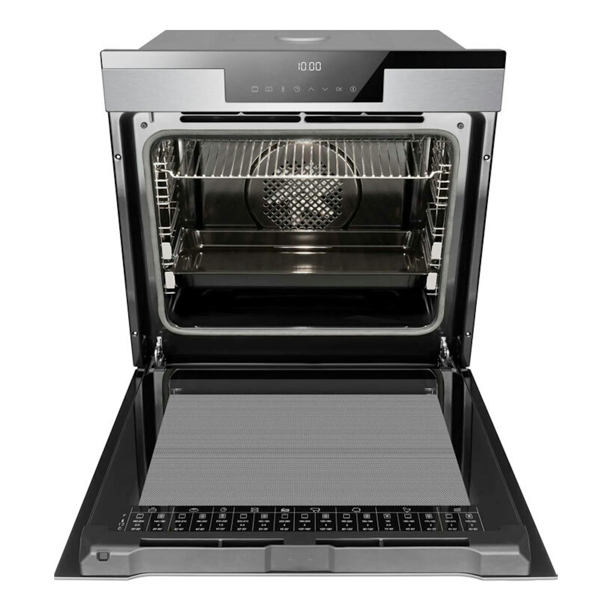 Horno Fagor 9H-760TCX de acero inoxidable, vista frontal con la puerta abatida y el interior abierto.