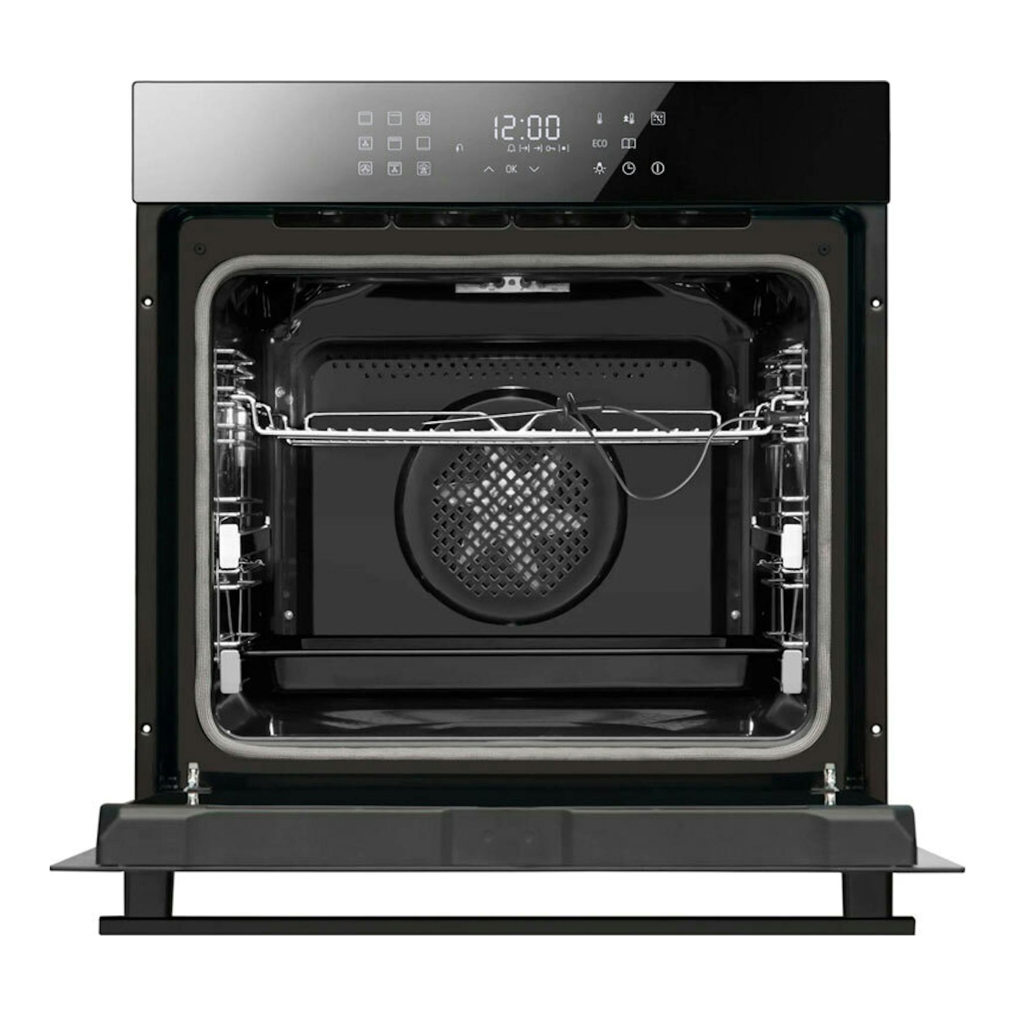 Horno Fagor 9H-798TEN negro, vista frontal con puerta abatible abierta y panel digital.