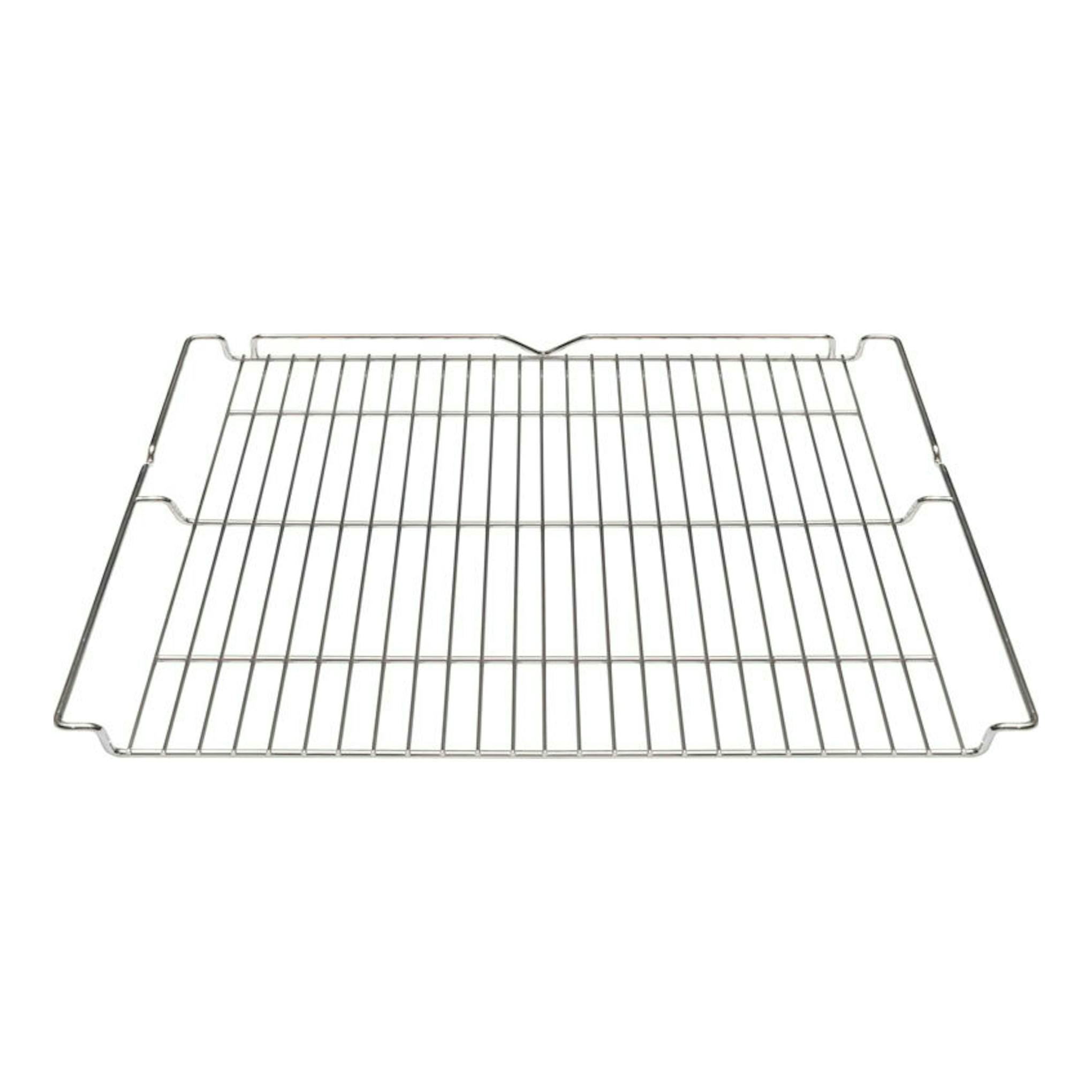 Rejilla metálica para horno, vista frontal, color plateado.