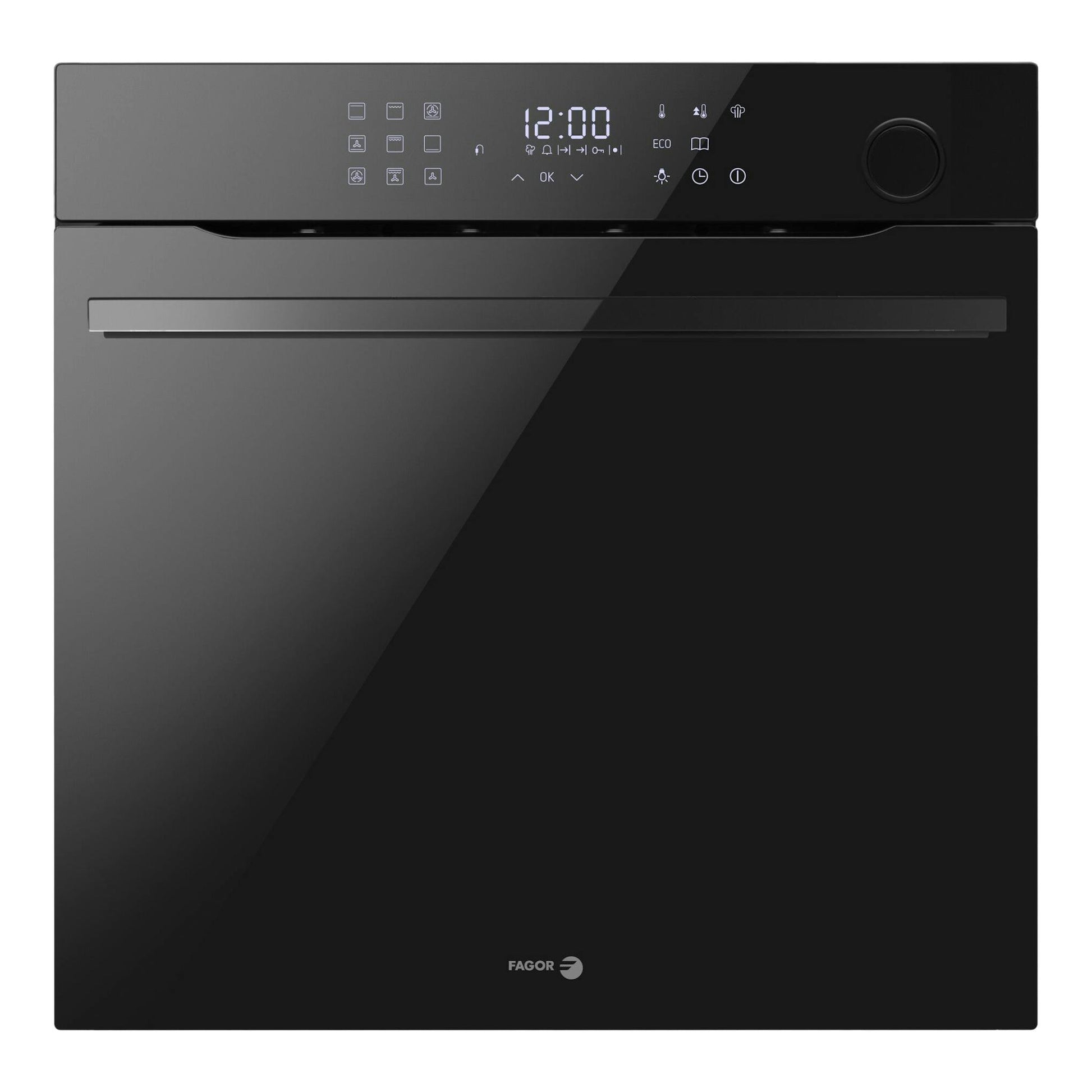 Horno Fagor empotrable negro, vista frontal, con panel táctil digital y mando giratorio.