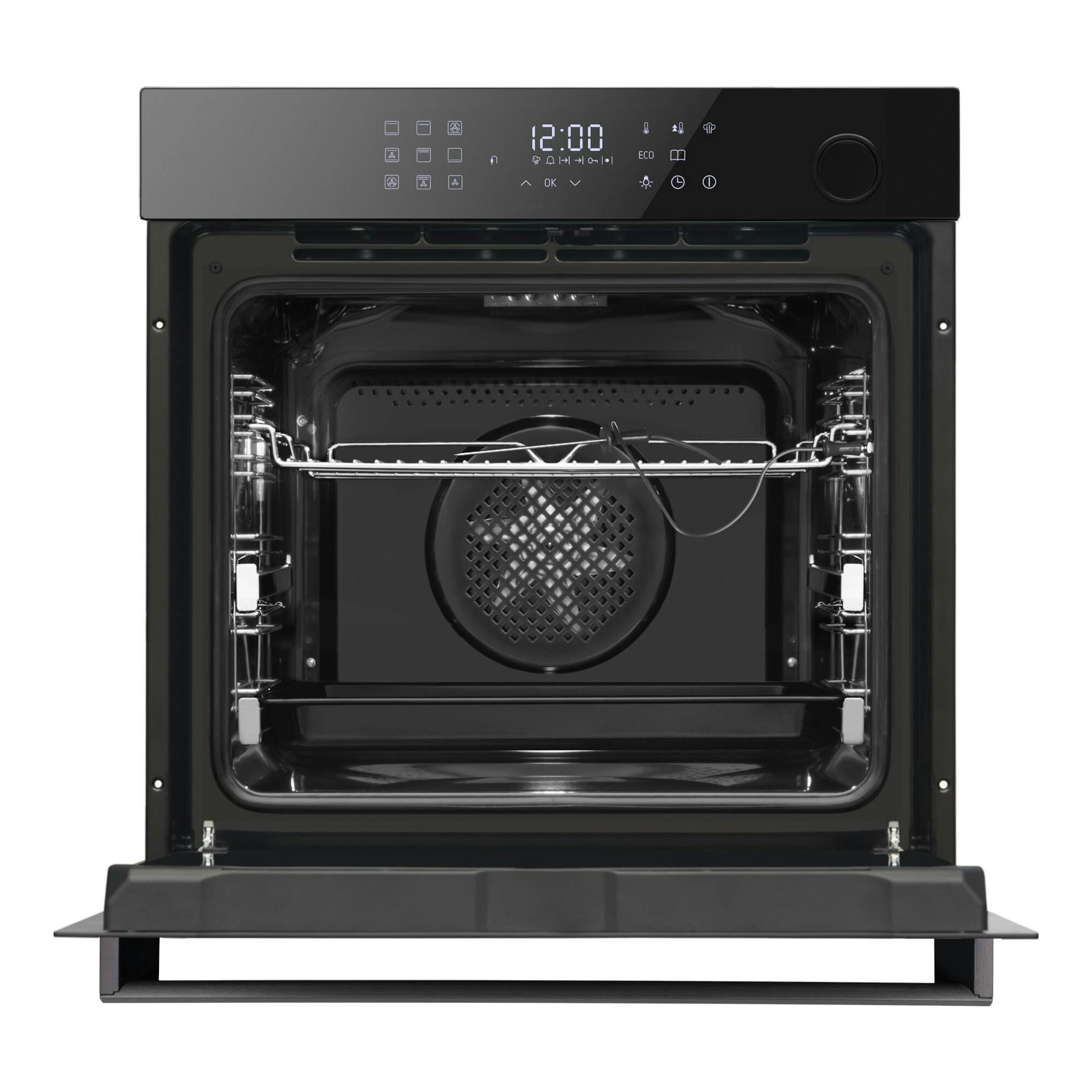 Fagor 9H-893TEN, horno integrable negro, vista frontal con puerta abierta y panel digital.