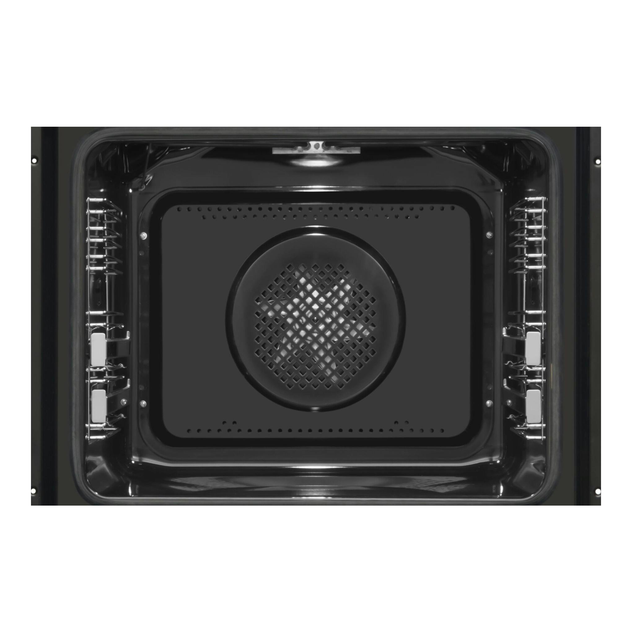 Interior de horno Fagor 9H-893TEN negro, vista frontal con ventilador circular y guías laterales.
