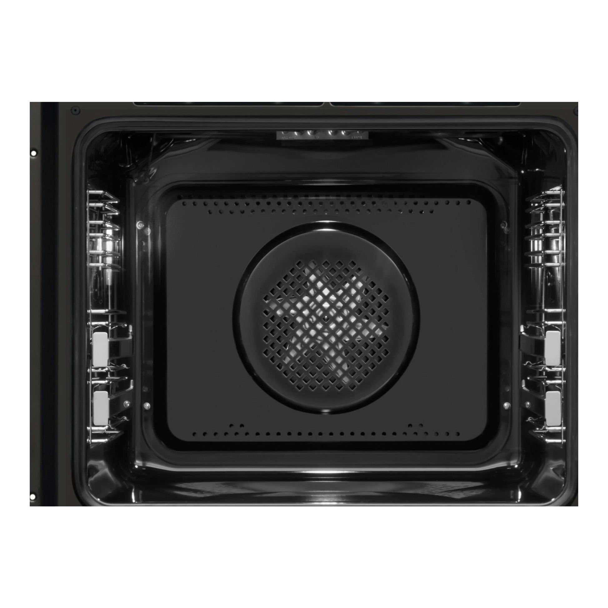 Interior de horno Fagor 9H-893TEN negro, vista frontal del compartimento con ventilador central.