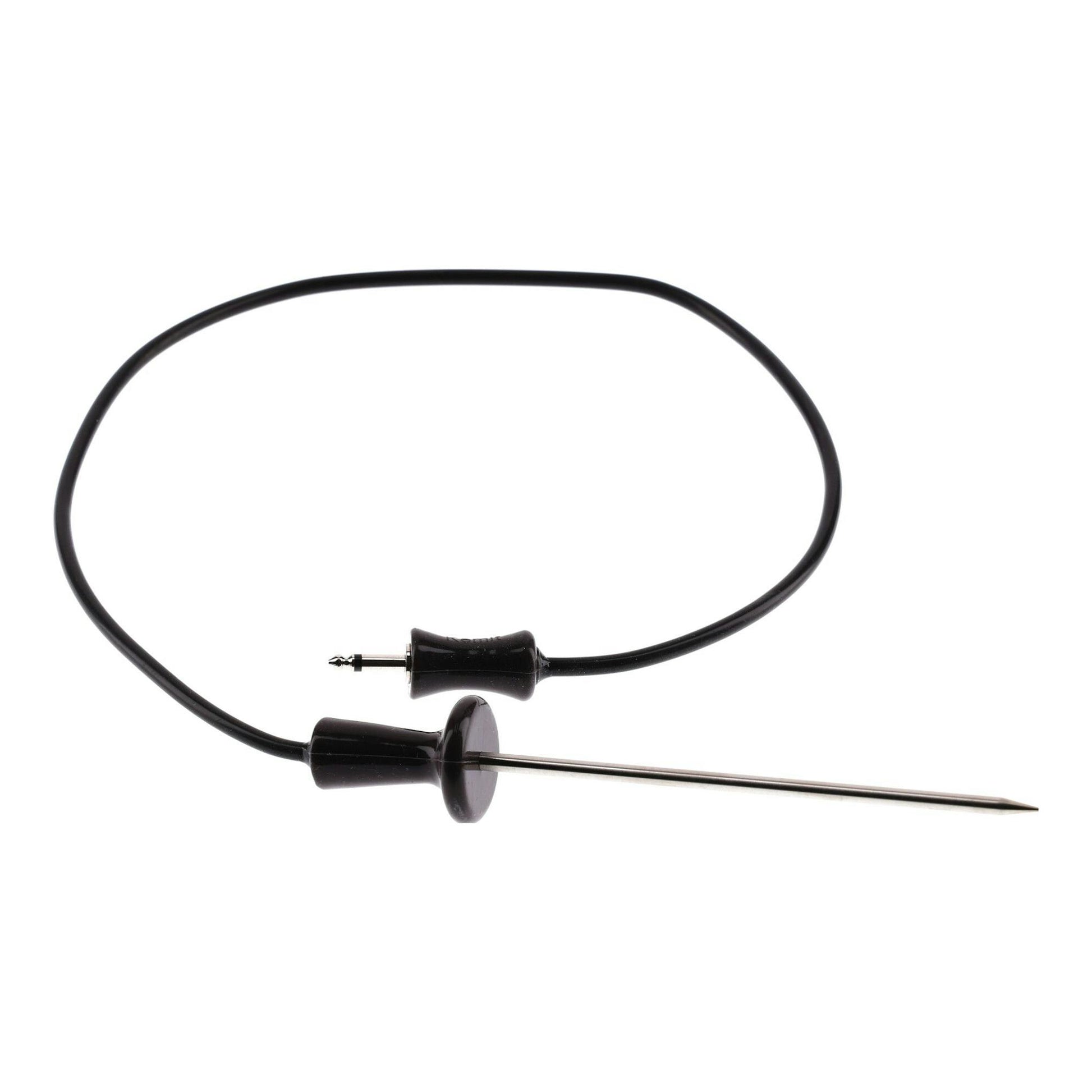 Cable negro con sonda metálica y conector jack, vista frontal sobre fondo blanco.