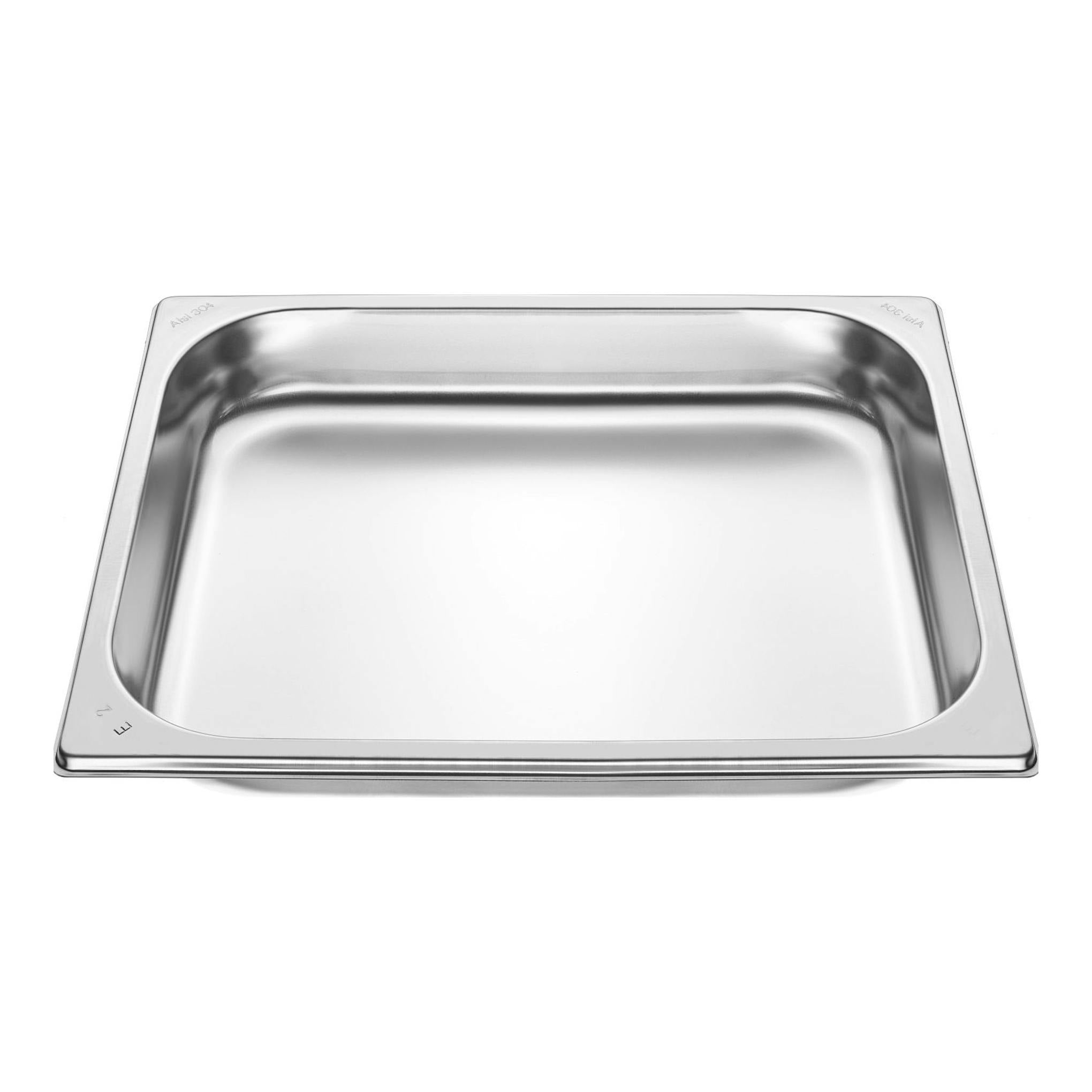 Bandeja rectangular de acero inoxidable, vista superior en ángulo, con bordes elevados y fondo liso.
