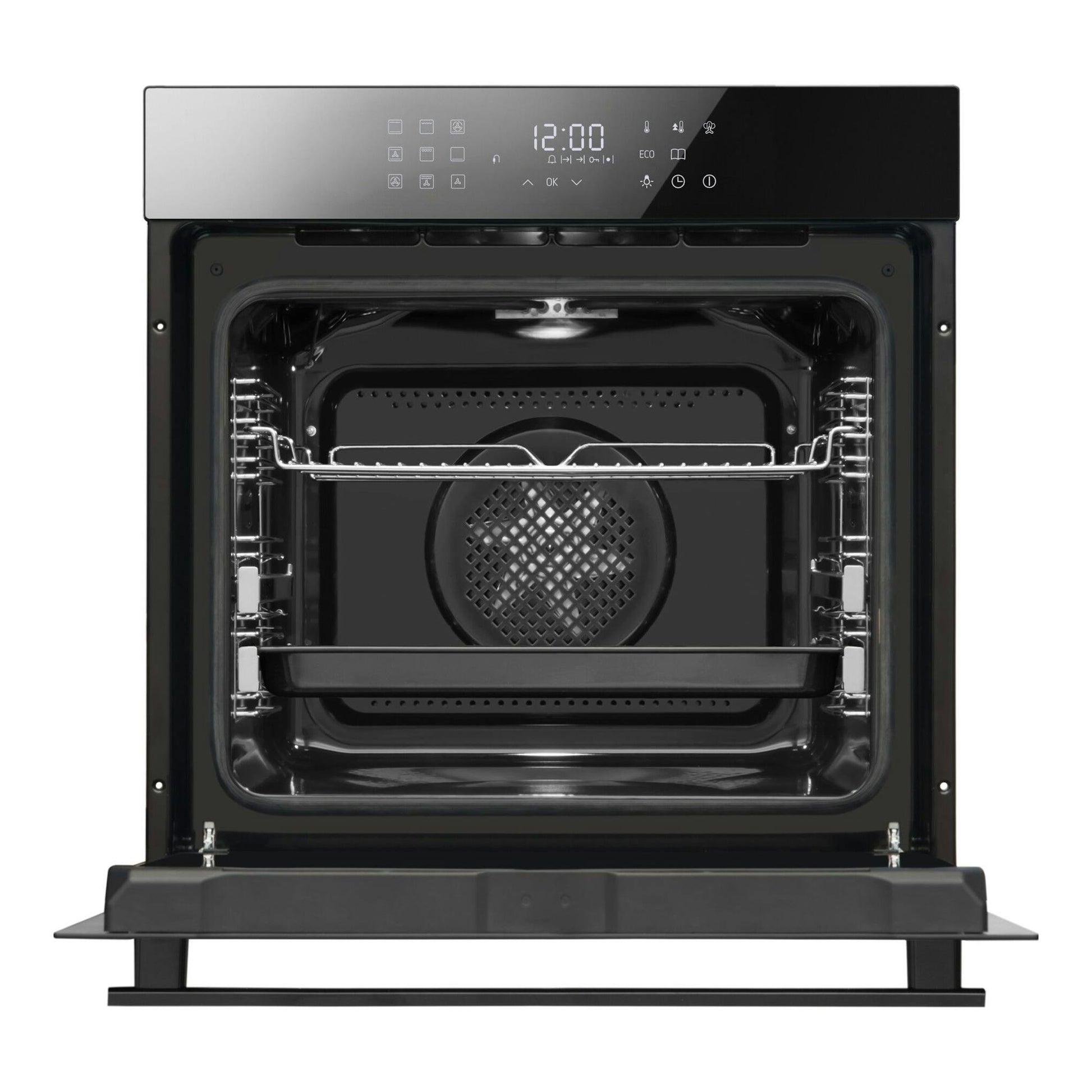 Fagor MASTER NEGRO 9H-198TEN: horno empotrable negro, vista frontal con puerta abatible abierta.