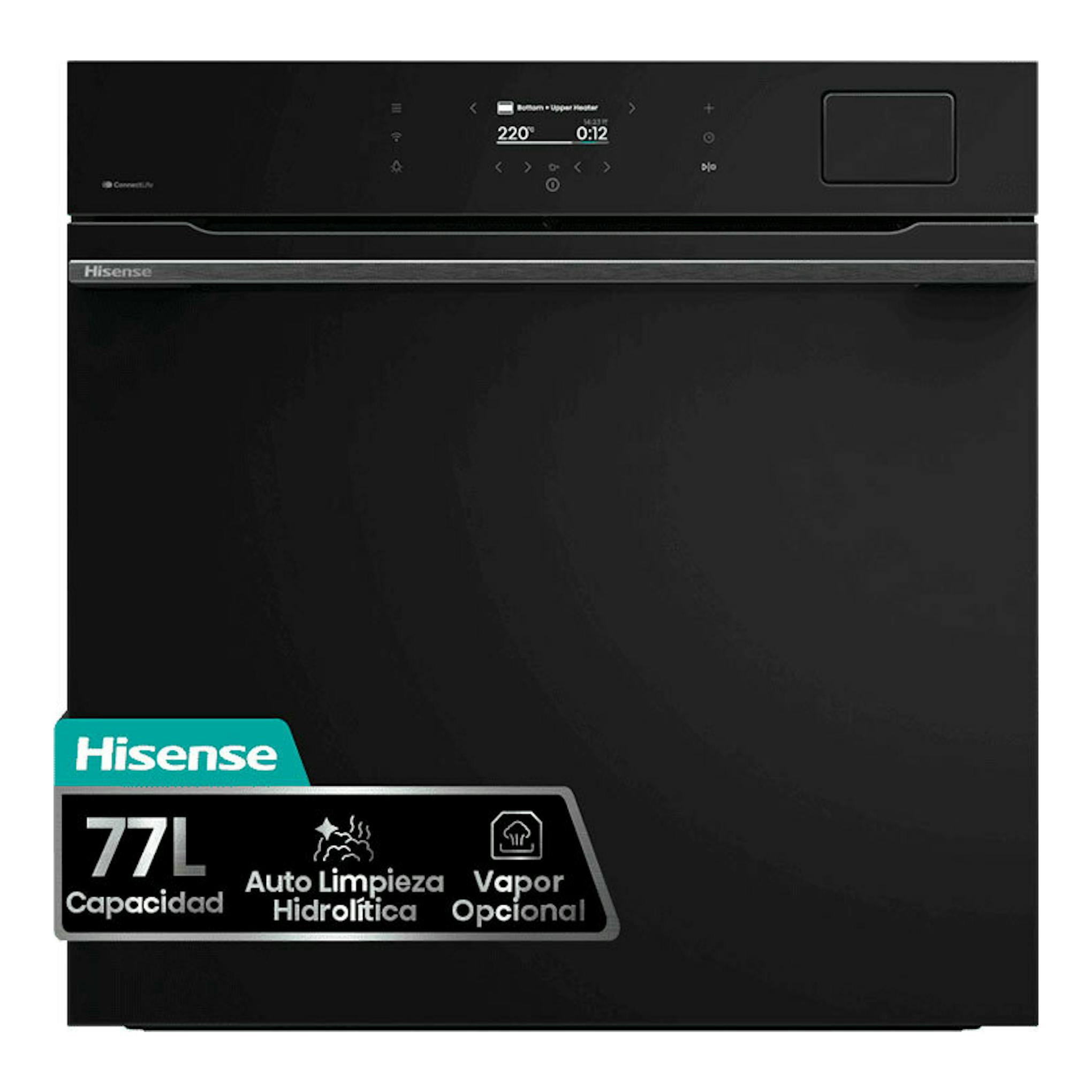 Horno empotrable Hisense BAS614A8B negro, vista frontal, con panel táctil superior y puerta de vidrio negro.
