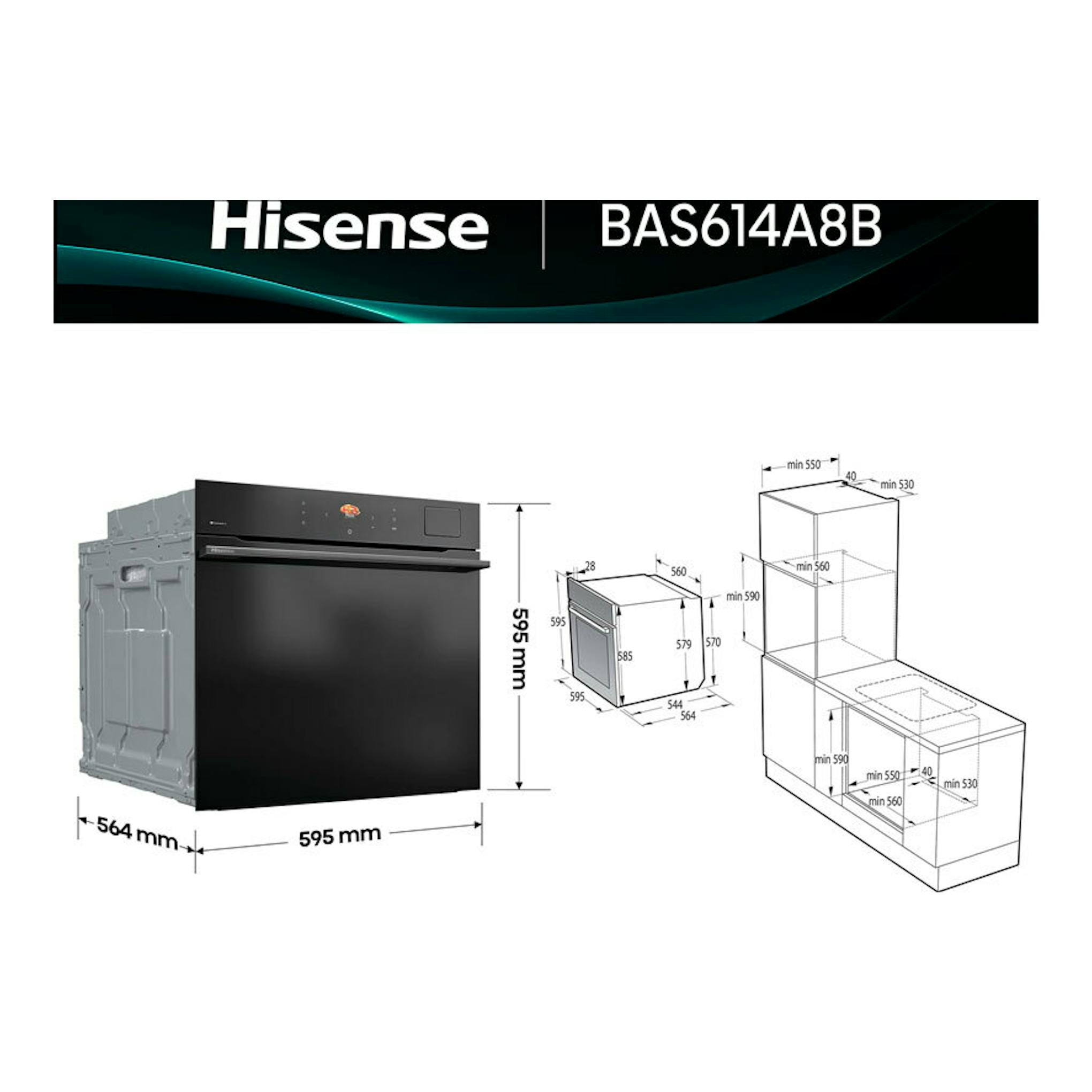 Horno Hisense BAS614A8B negro, vista frontal con medidas y esquema de instalación.