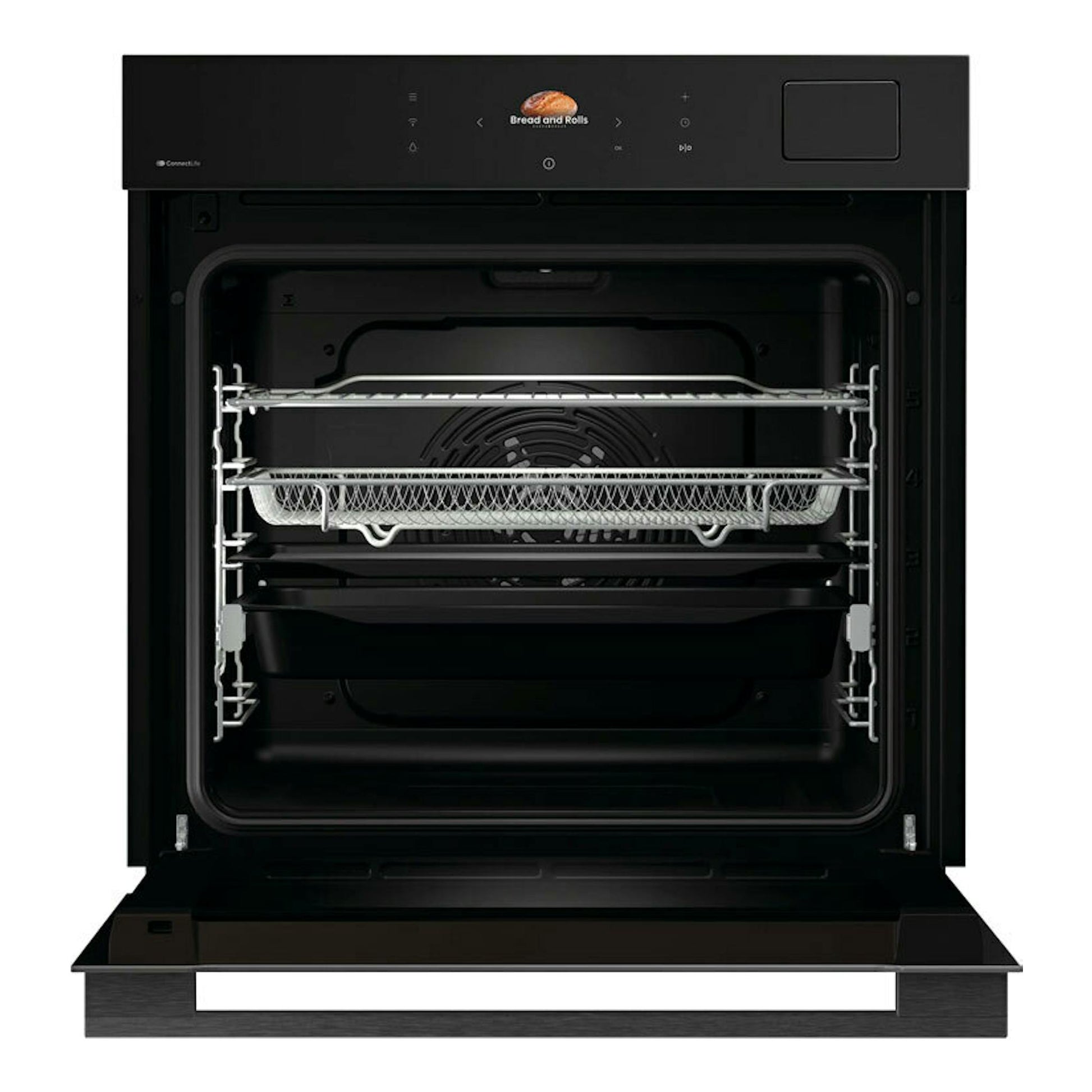 Horno Hisense BAS614A8B negro, vista frontal con la puerta abierta y bandejas interiores visibles.