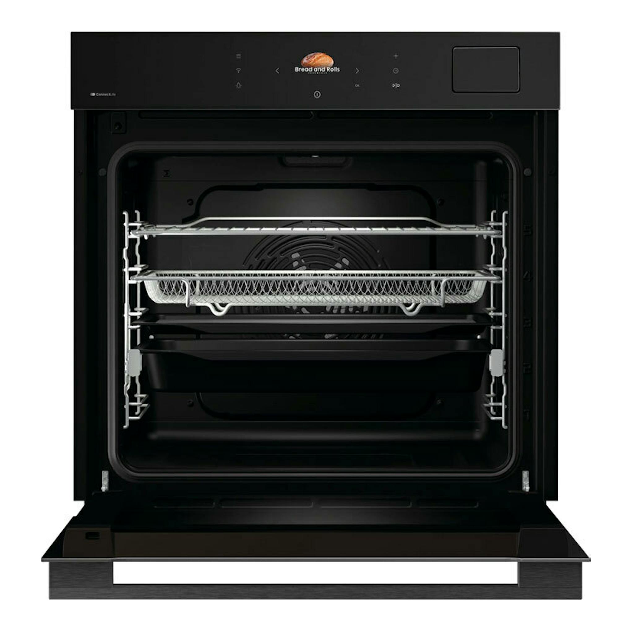 Horno Hisense BAS614A8B negro, vista frontal con la puerta abierta y bandejas interiores visibles.