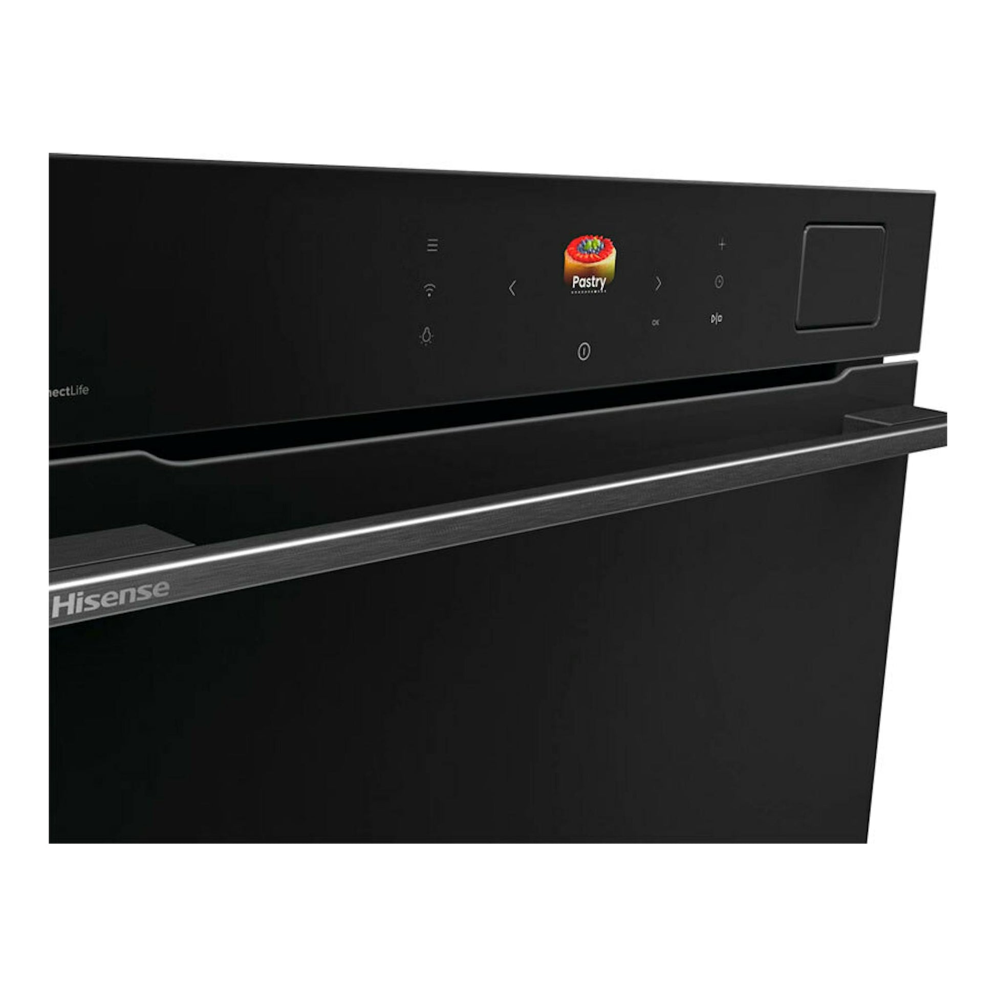 Horno Hisense BAS614A8B negro, vista frontal parcial con panel táctil y display digital.