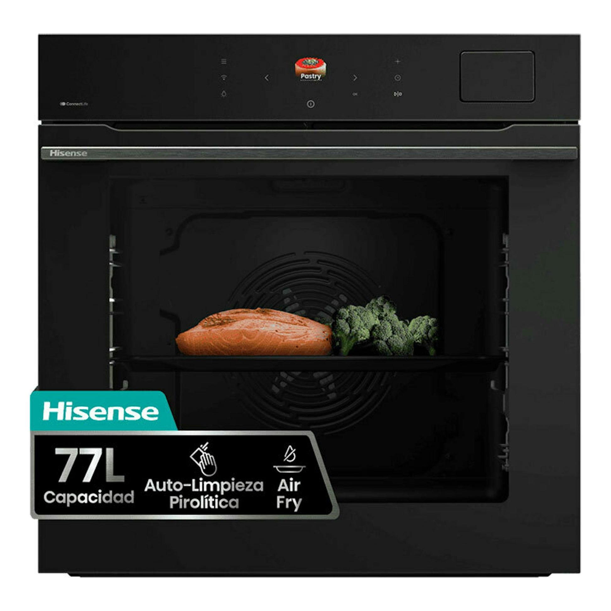 Horno Hisense BAS614P8B negro, vista frontal, con panel táctil y comida visible en el interior.