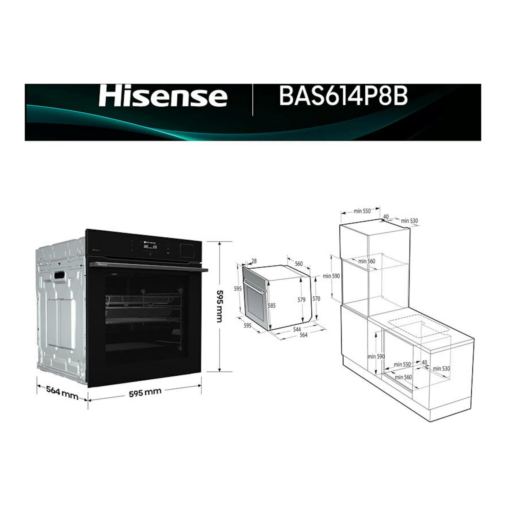 Hisense BAS614P8B, horno negro empotrable, vista frontal con medidas e instalación en gabinete.