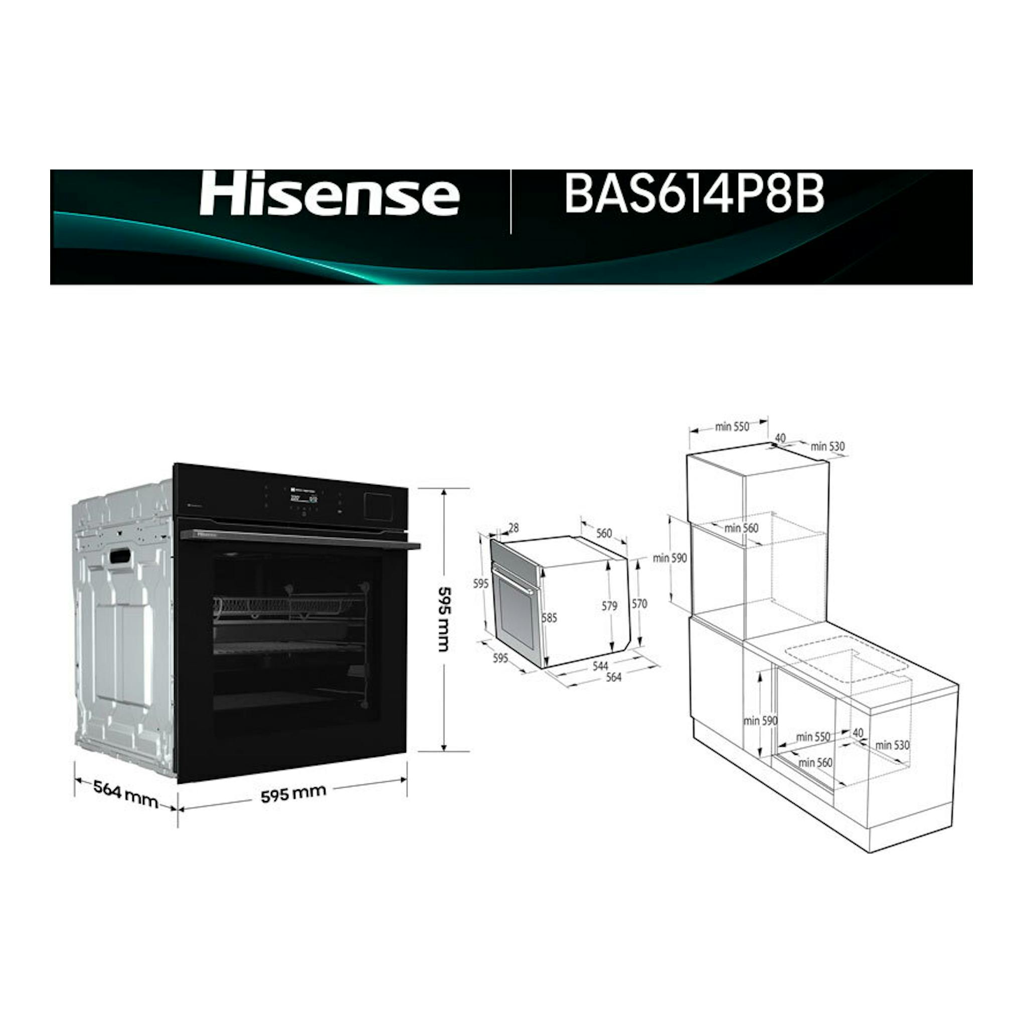 Hisense BAS614P8B, horno negro empotrable, vista frontal con medidas e instalación en gabinete.