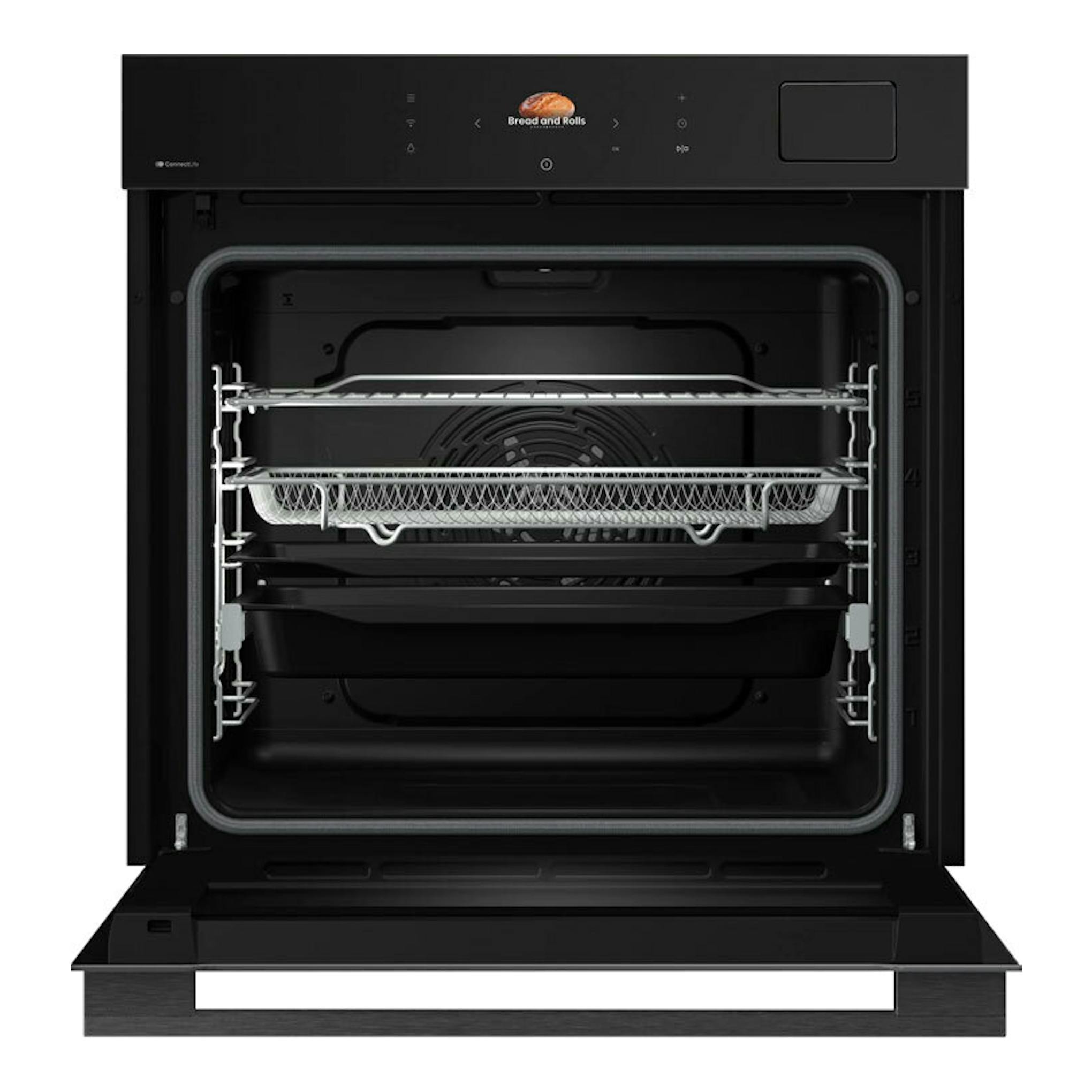 Horno Hisense BAS614P8B negro, vista frontal con puerta abierta y panel digital.