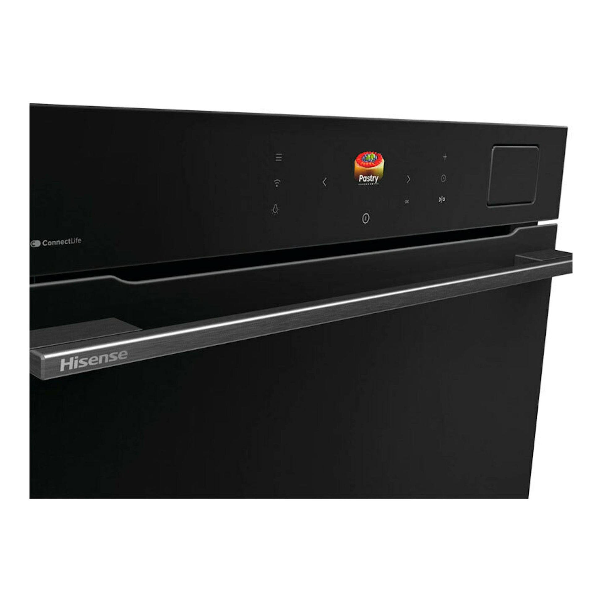Horno Hisense BAS614P8B negro, vista frontal, con panel táctil y tirador metálico.