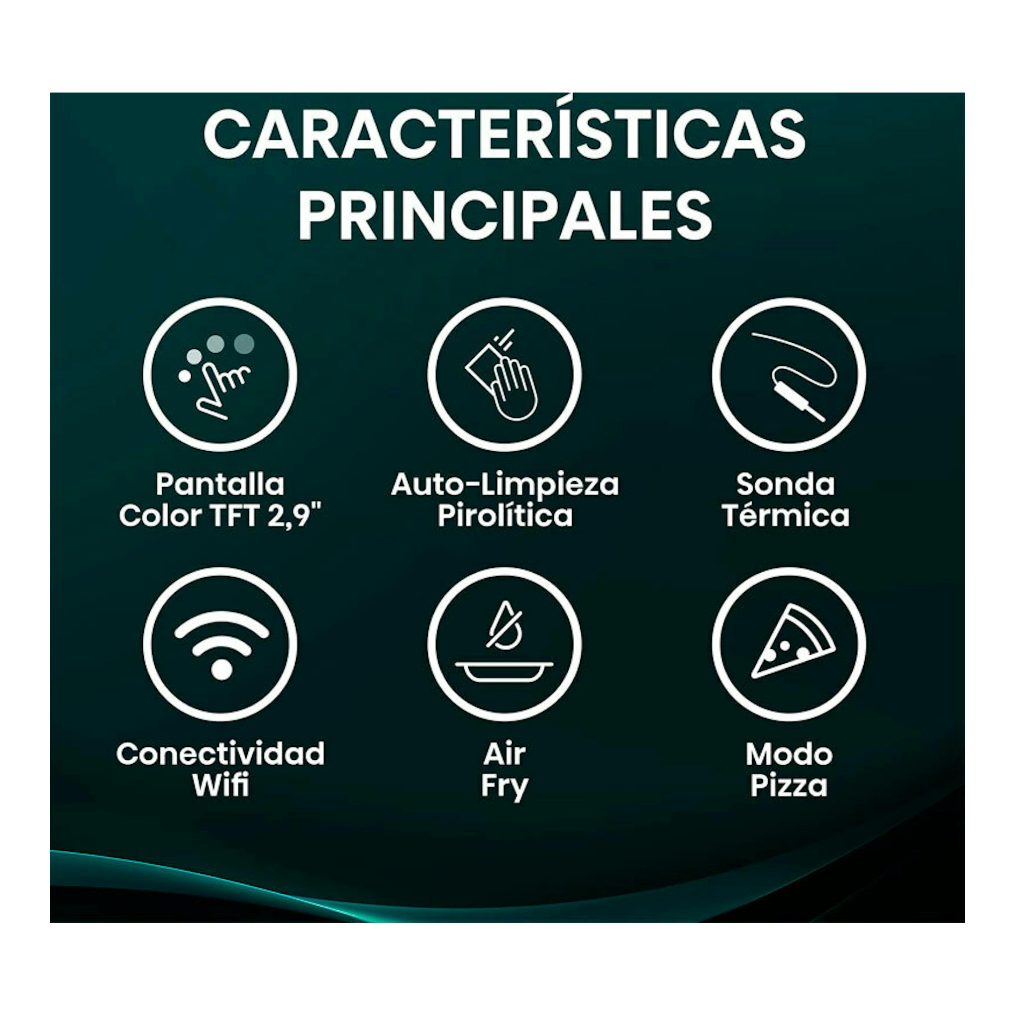 Infografía del horno Hisense BAS614P8B negro con pantalla TFT, auto-limpieza, sonda térmica, WiFi, Air Fry y modo pizza.