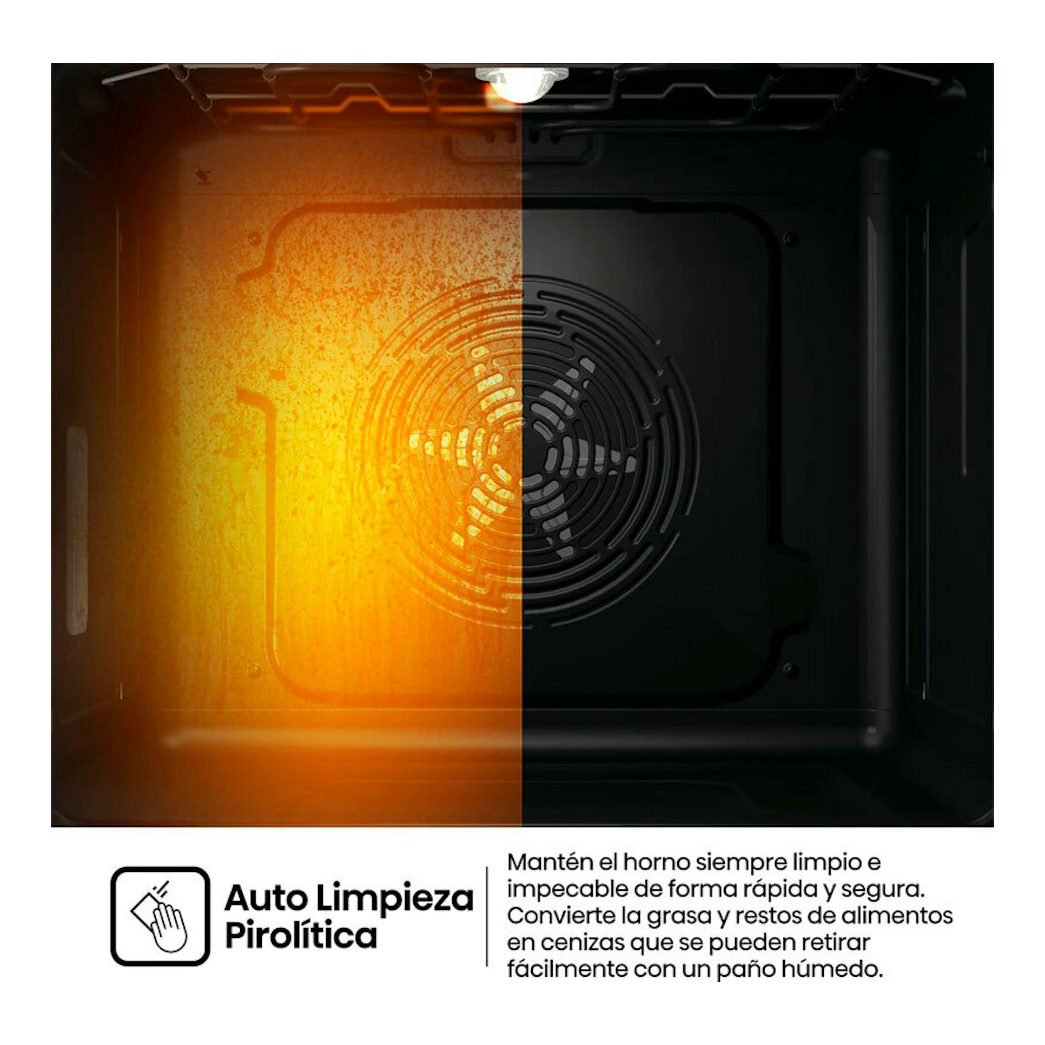 Vista frontal del interior de un horno Hisense BAS614P8B negro, con ventilador trasero y efecto de autolimpieza.