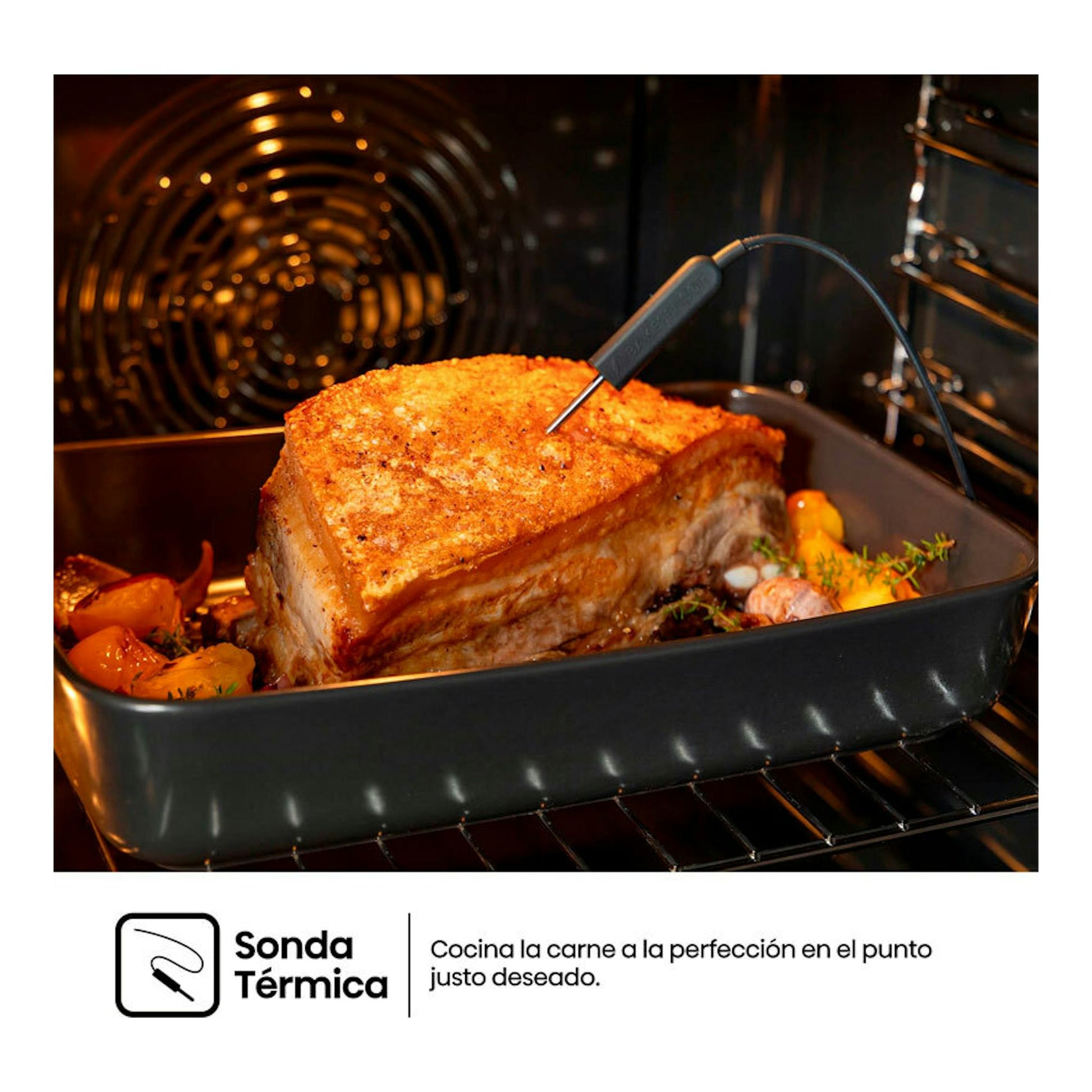 Interior de horno negro con bandeja y asado, y sonda térmica; vista frontal. Hisense BAS614P8B.