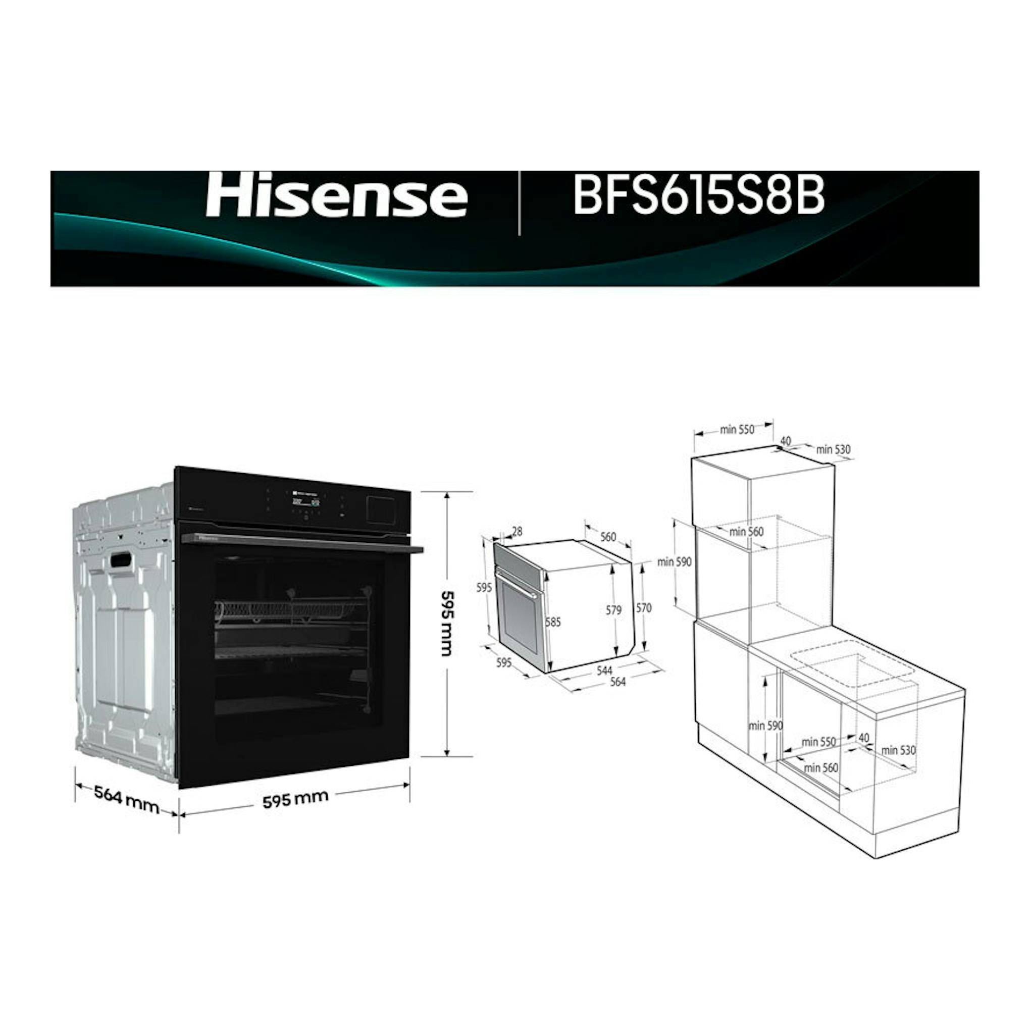 Hisense BFS615S8B, horno negro de cristal, vista frontal en ángulo con medidas e instalación.