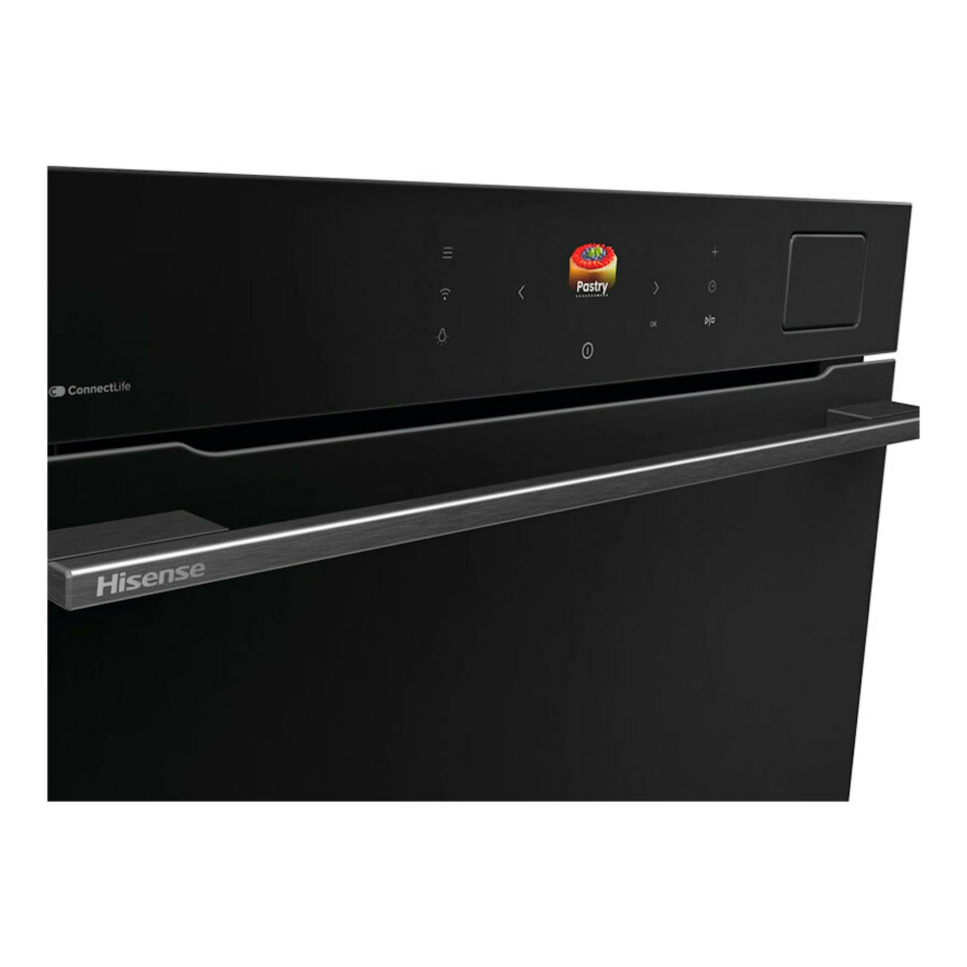 Horno Hisense BFS615S8B de cristal negro, vista frontal con panel táctil y asa metálica.