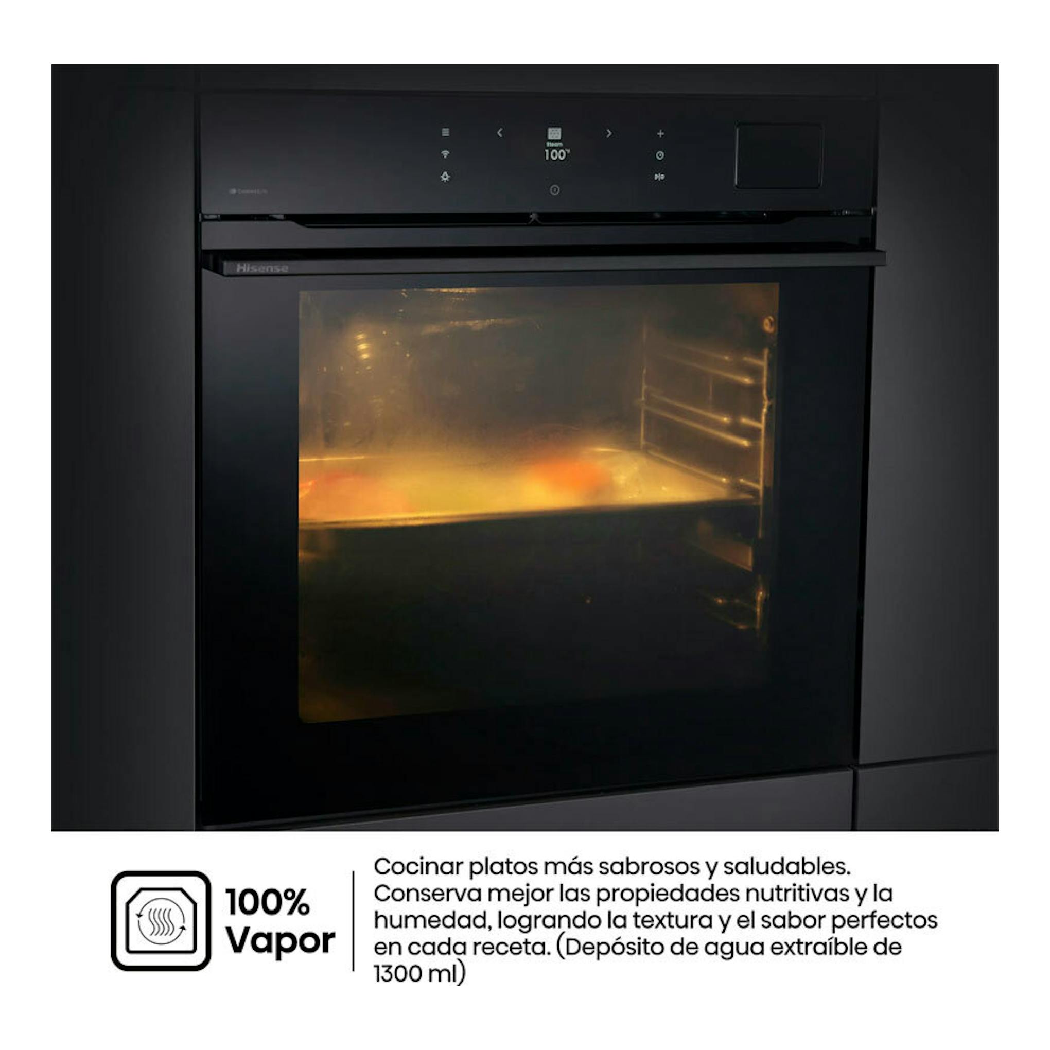 Horno empotrado Hisense BFS615S8B negro, vista frontal de cristal con panel táctil y puerta de vidrio.