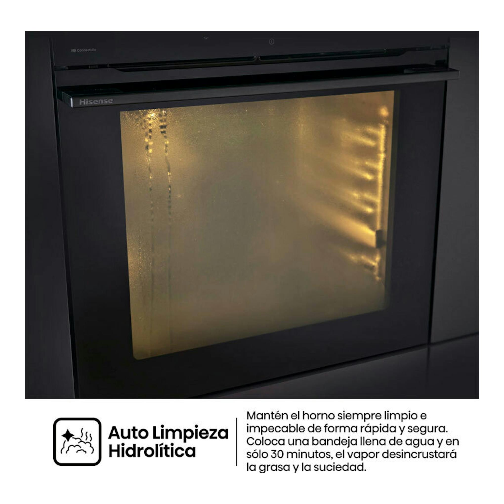 Horno Hisense BFS615S8B de cristal negro, vista frontal con puerta de vidrio.