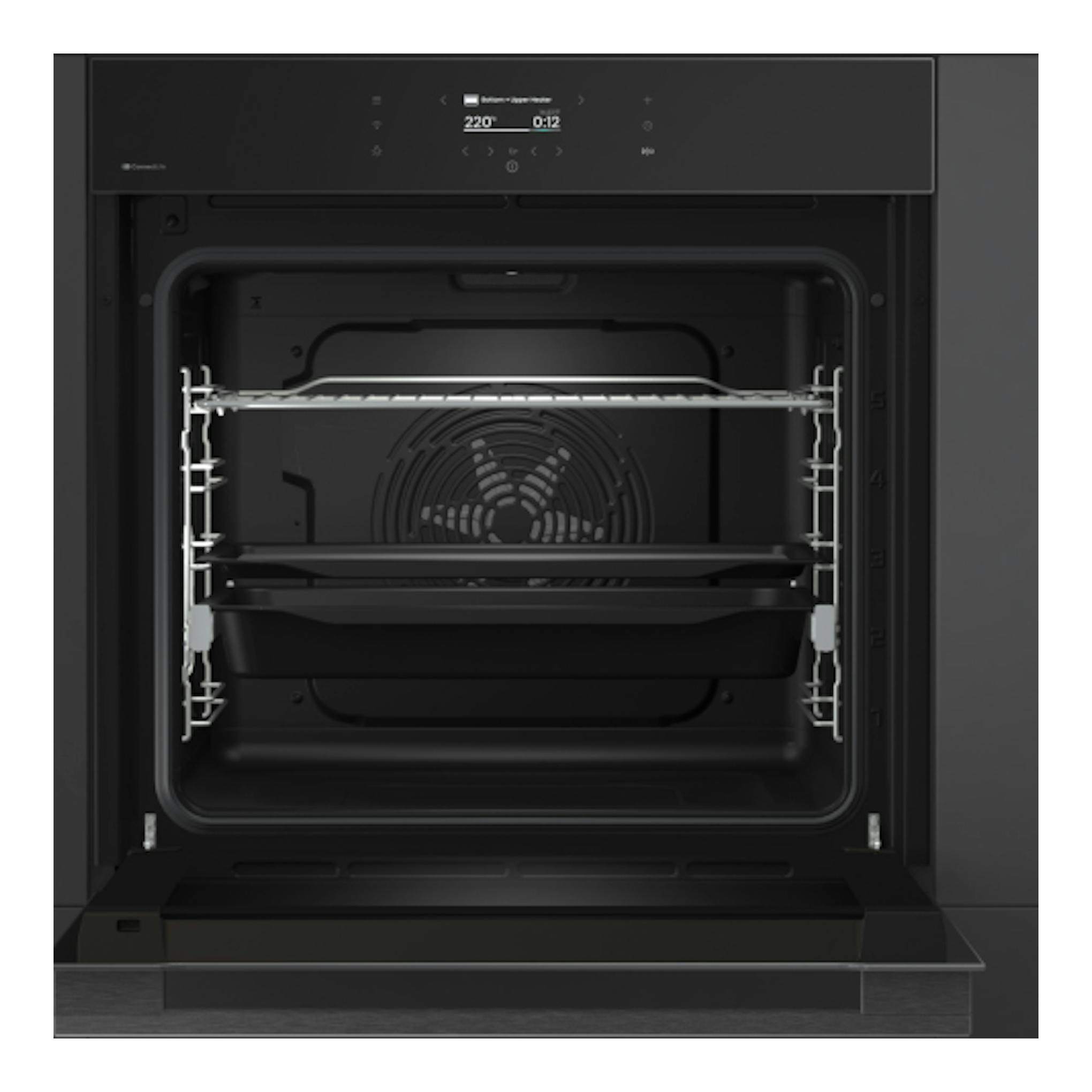 Horno empotrado negro Hisense BI611A8B, abierto, vista frontal del interior con panel digital.