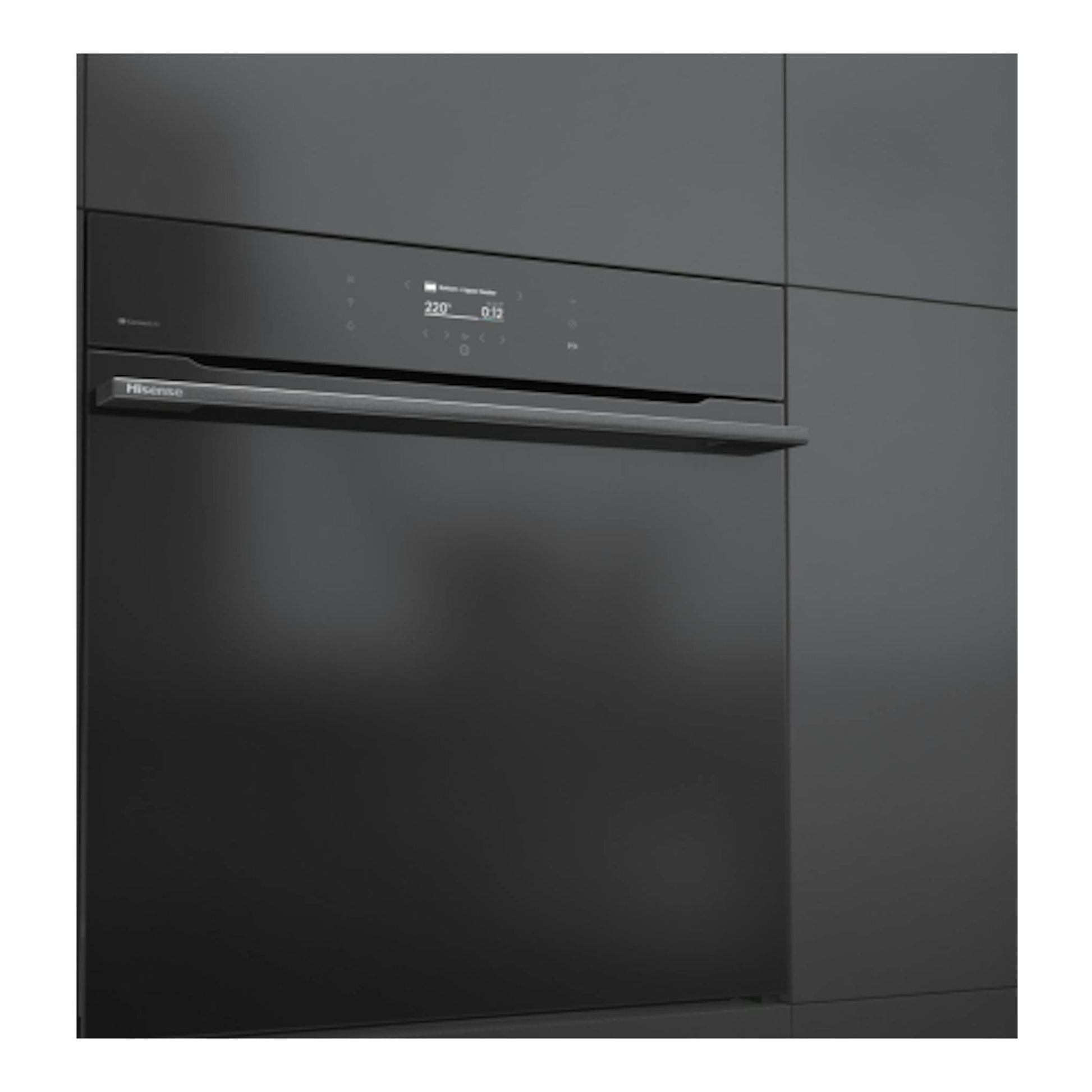 Horno empotrado Hisense negro, vista frontal, con panel digital táctil y puerta de vidrio.