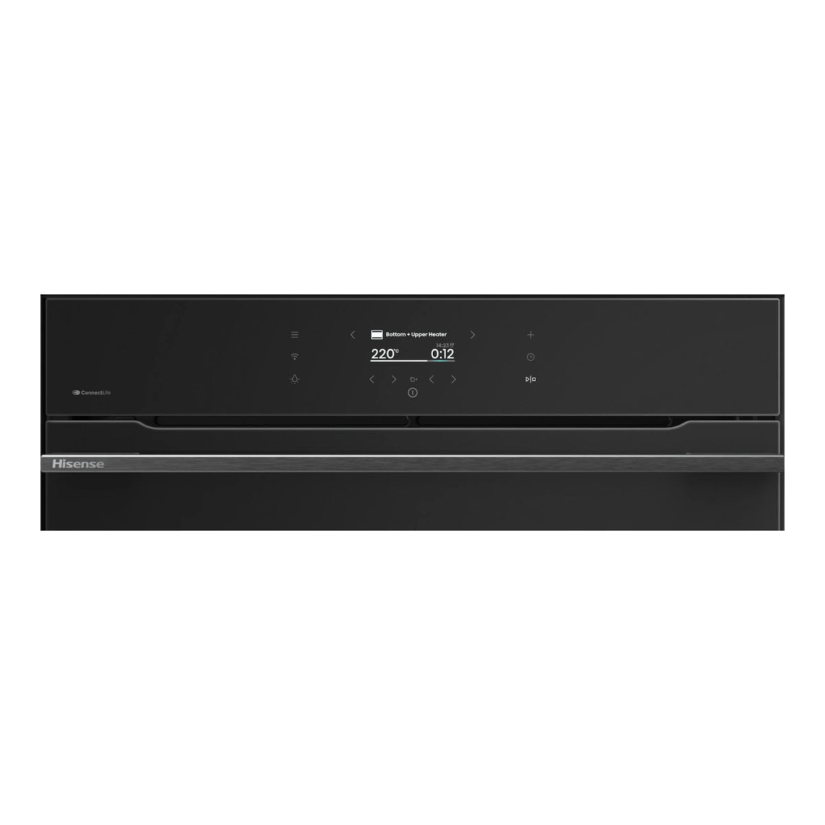 Horno empotrable Hisense BI611A8B negro, vista frontal, panel táctil digital.