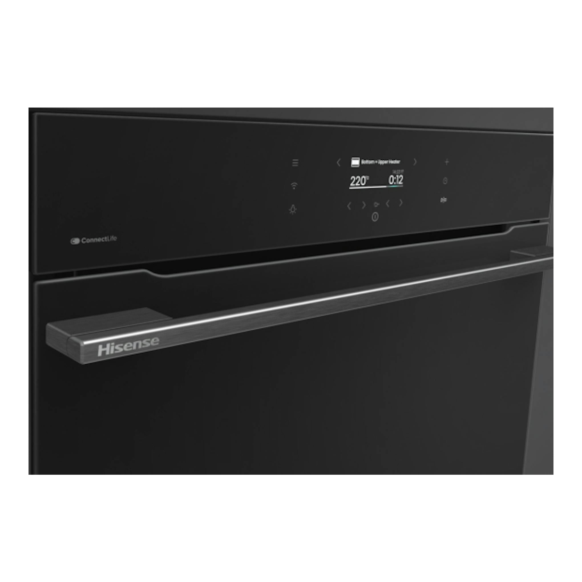 Horno empotrado Hisense BI611A8B negro, vista frontal, con panel digital y tirador metálico.