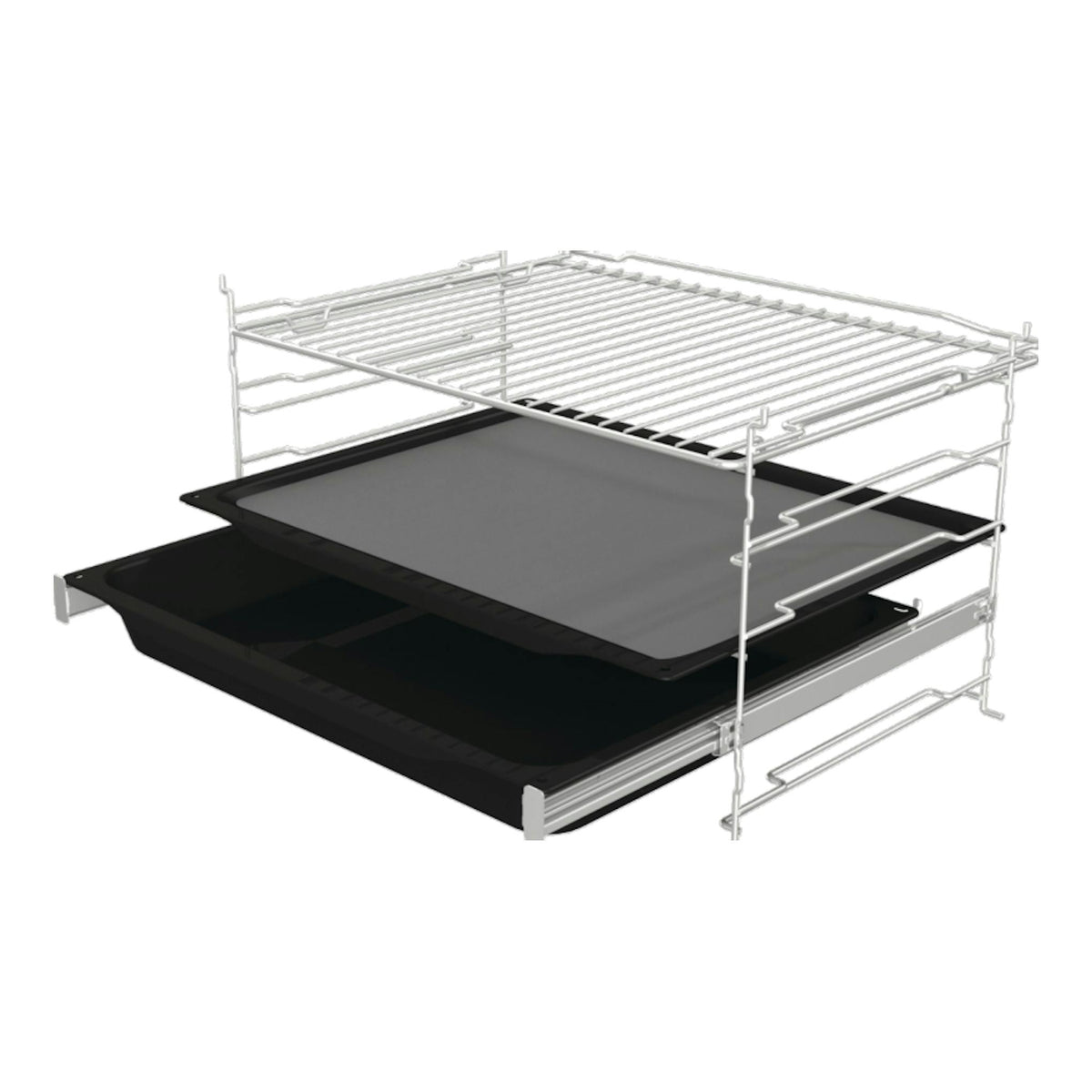 Horno Hisense BI611A8B con bandejas y rejilla metálica extraíbles, vista en perspectiva.
