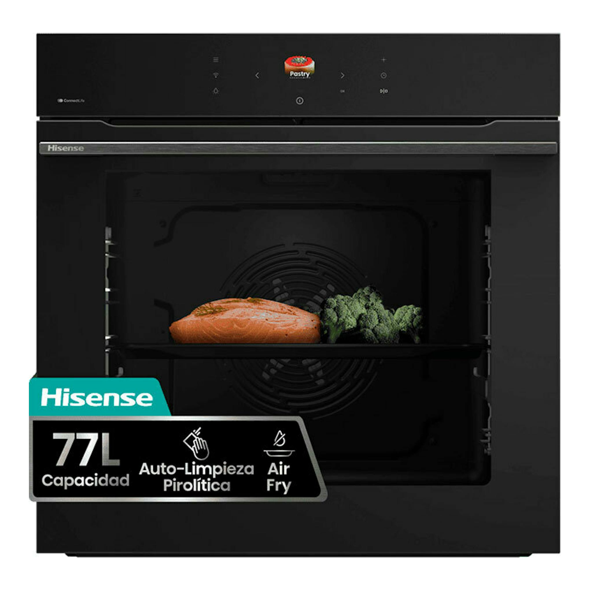 Horno empotrable Hisense BI614P8B de cristal negro, vista frontal, con panel táctil y puerta de vidrio.