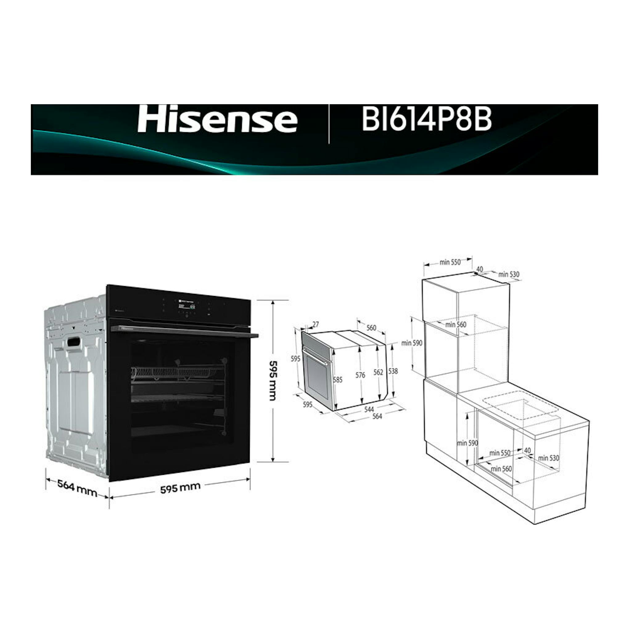 Horno Hisense BI614P8B de cristal negro, vista frontal con esquema de medidas e instalación.