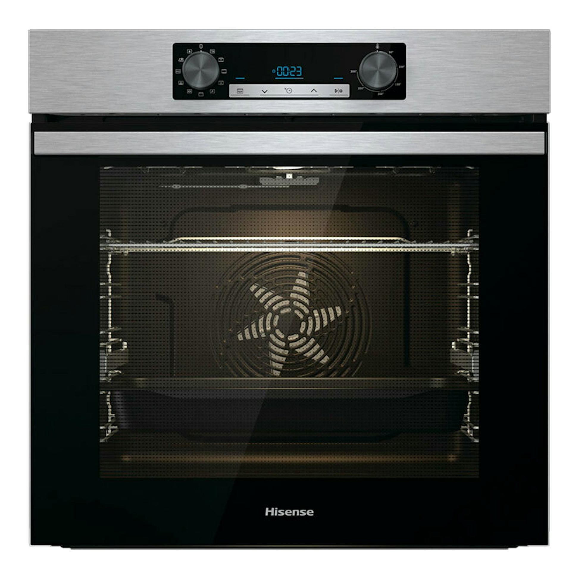 Horno Hisense BI62216AX inox, vista frontal, puerta de vidrio negro y panel superior con mandos y pantalla digital.