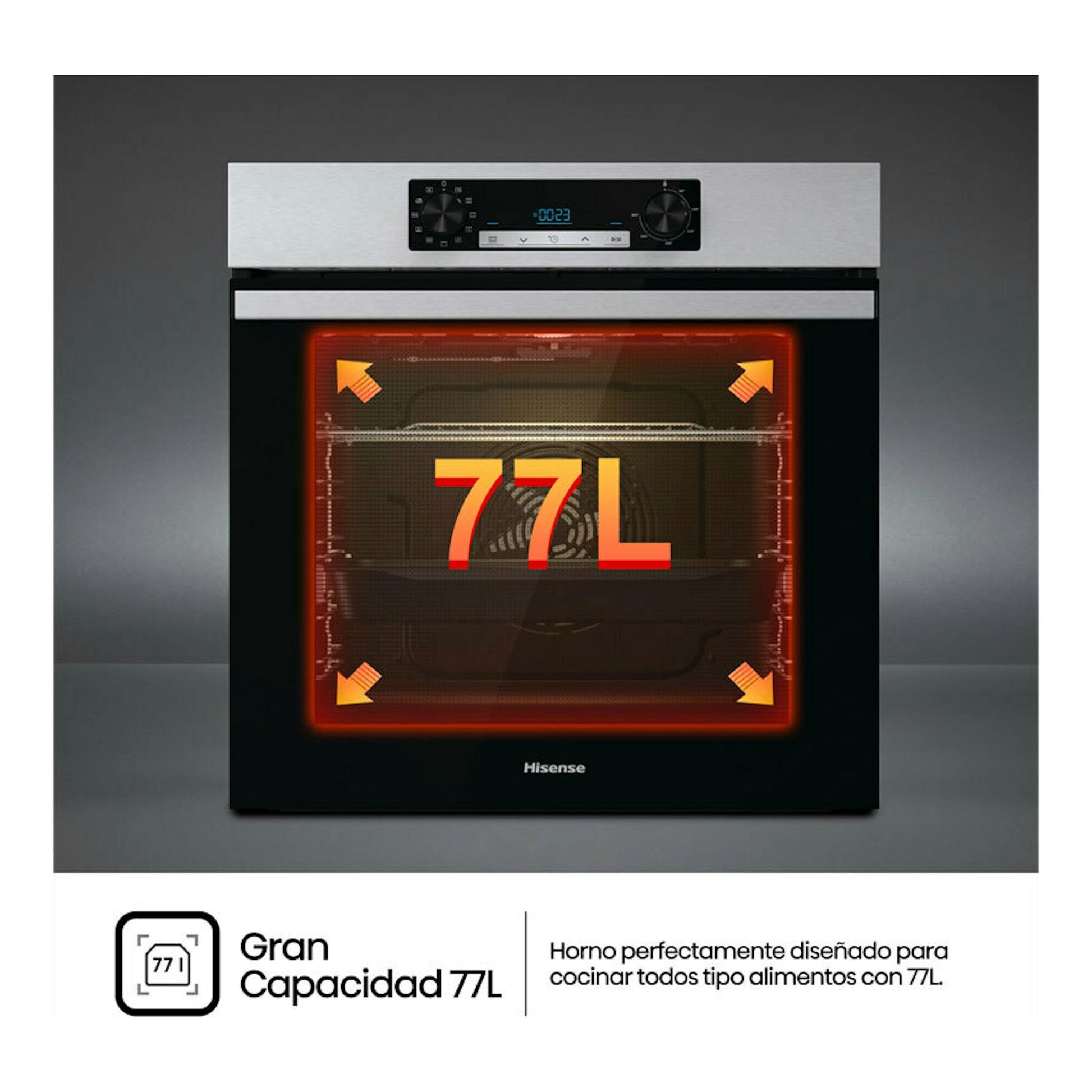 Hisense BI62216AX, horno empotrable de inox y cristal negro, vista frontal con display y dos mandos.