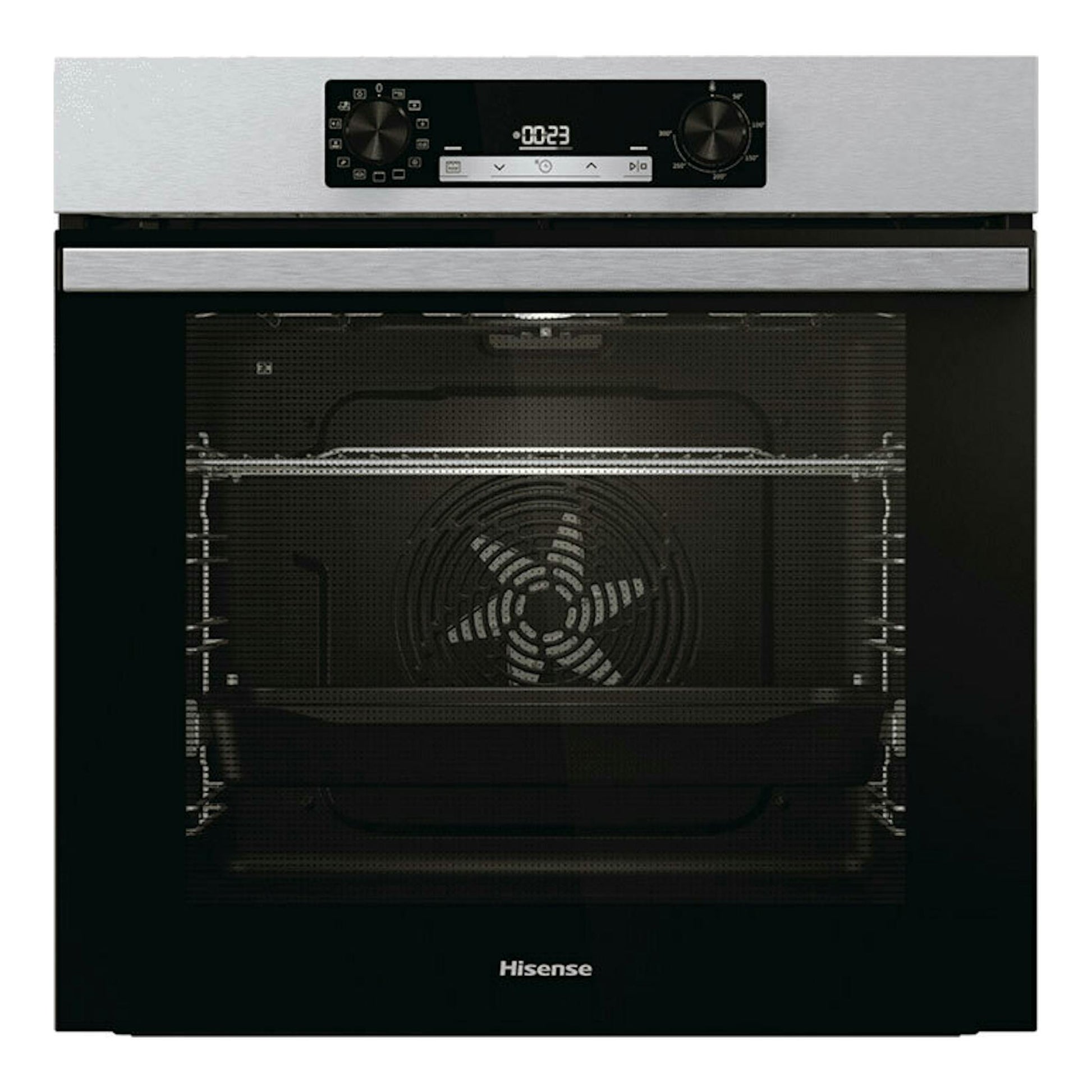 Horno Hisense BI64213E14PX inox, vista frontal, puerta de vidrio negro y panel superior digital.