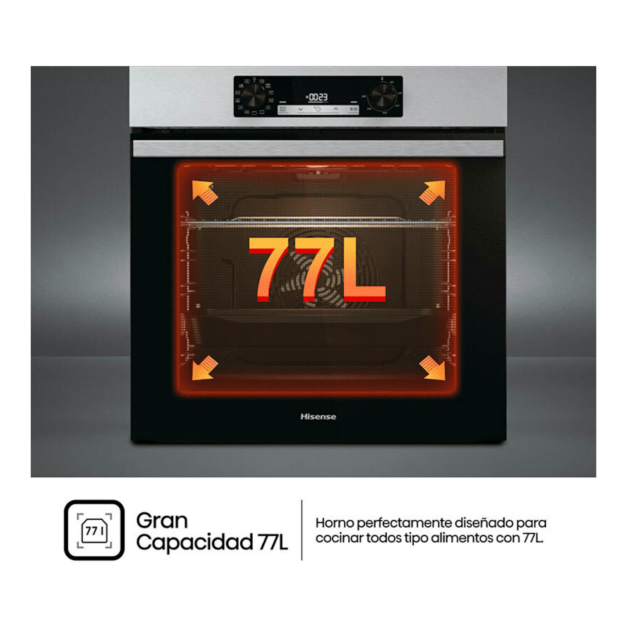 Horno Hisense BI64213E14PX inox, vista frontal, con puerta negra y panel superior de acero inoxidable.