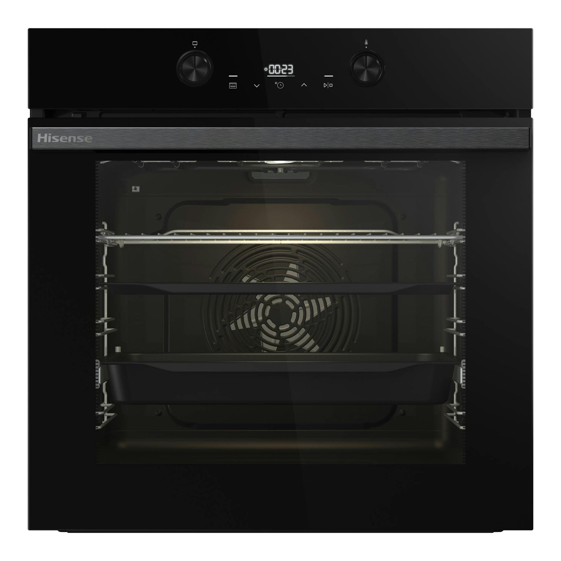 Horno empotrable Hisense BI64223EPBG, vista frontal, negro, con panel digital, dos mandos y puerta de cristal.