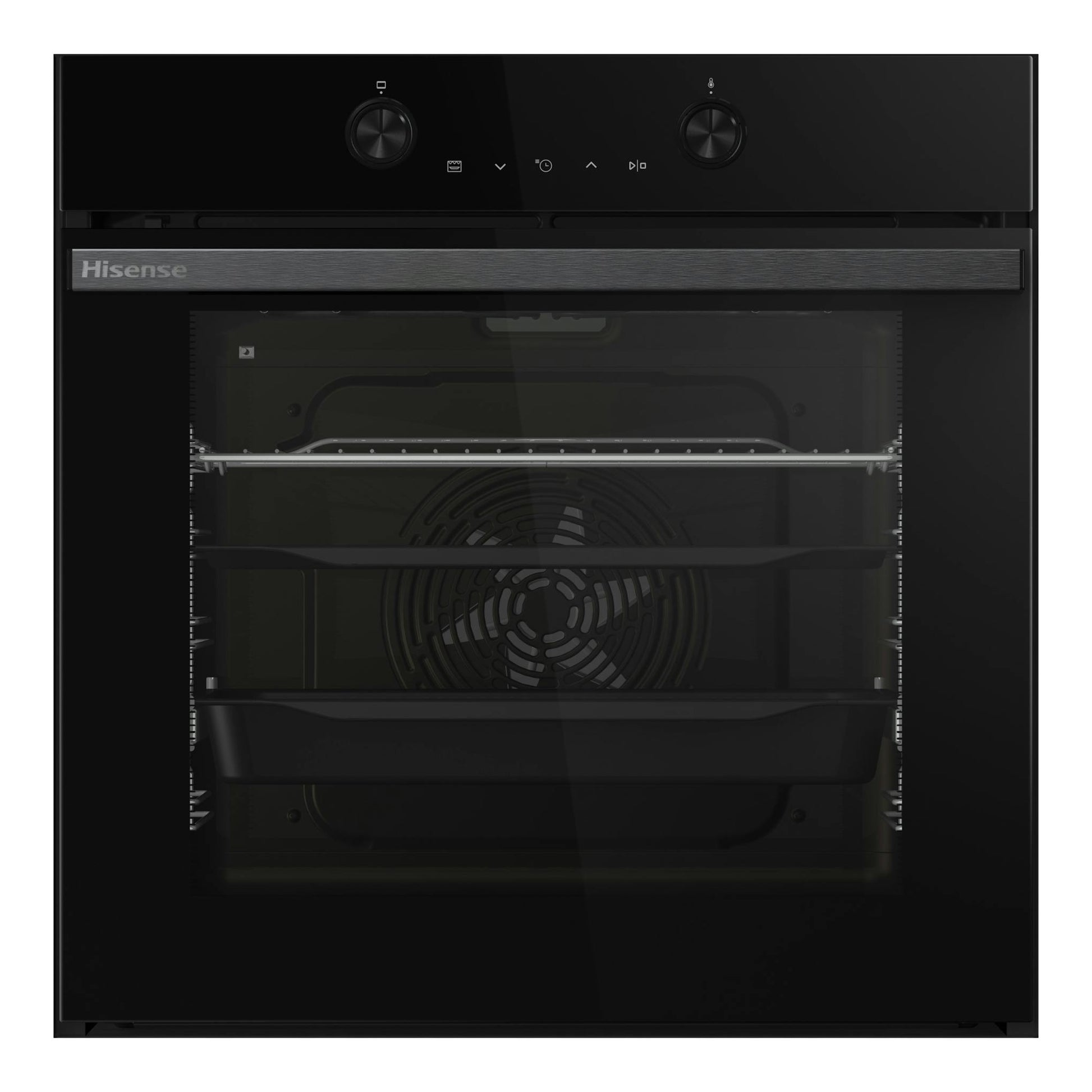Horno empotrado Hisense BI64223EPBG negro, vista frontal con puerta de cristal y dos mandos.