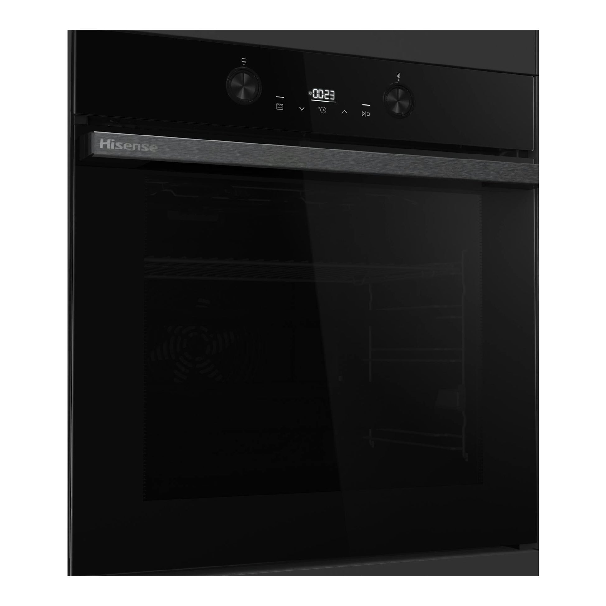 Horno empotrado Hisense BI64223EPBG negro, con panel táctil y puerta de cristal, visto de frente.