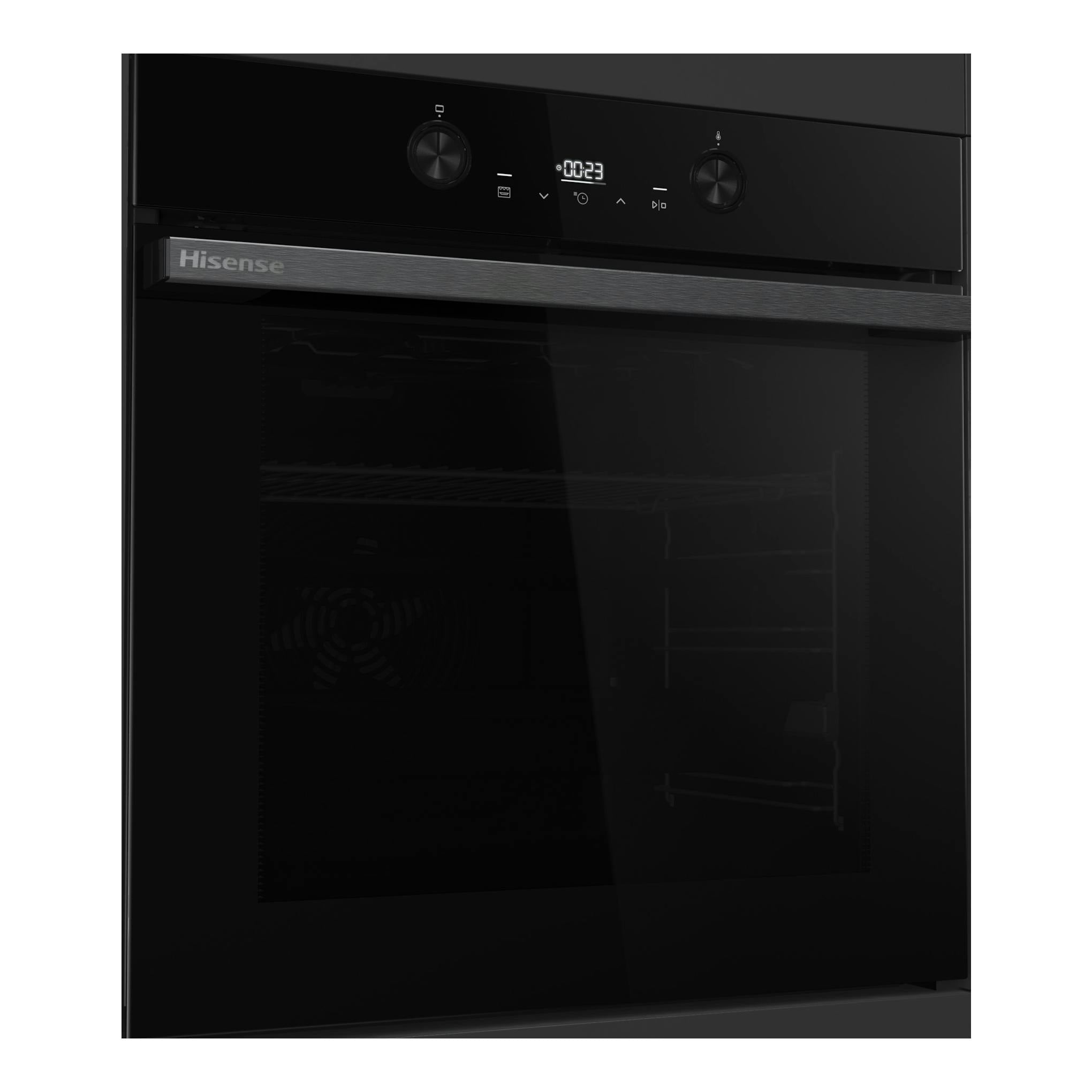 Horno empotrado Hisense BI64223EPBG negro, con panel táctil y puerta de cristal, visto de frente.