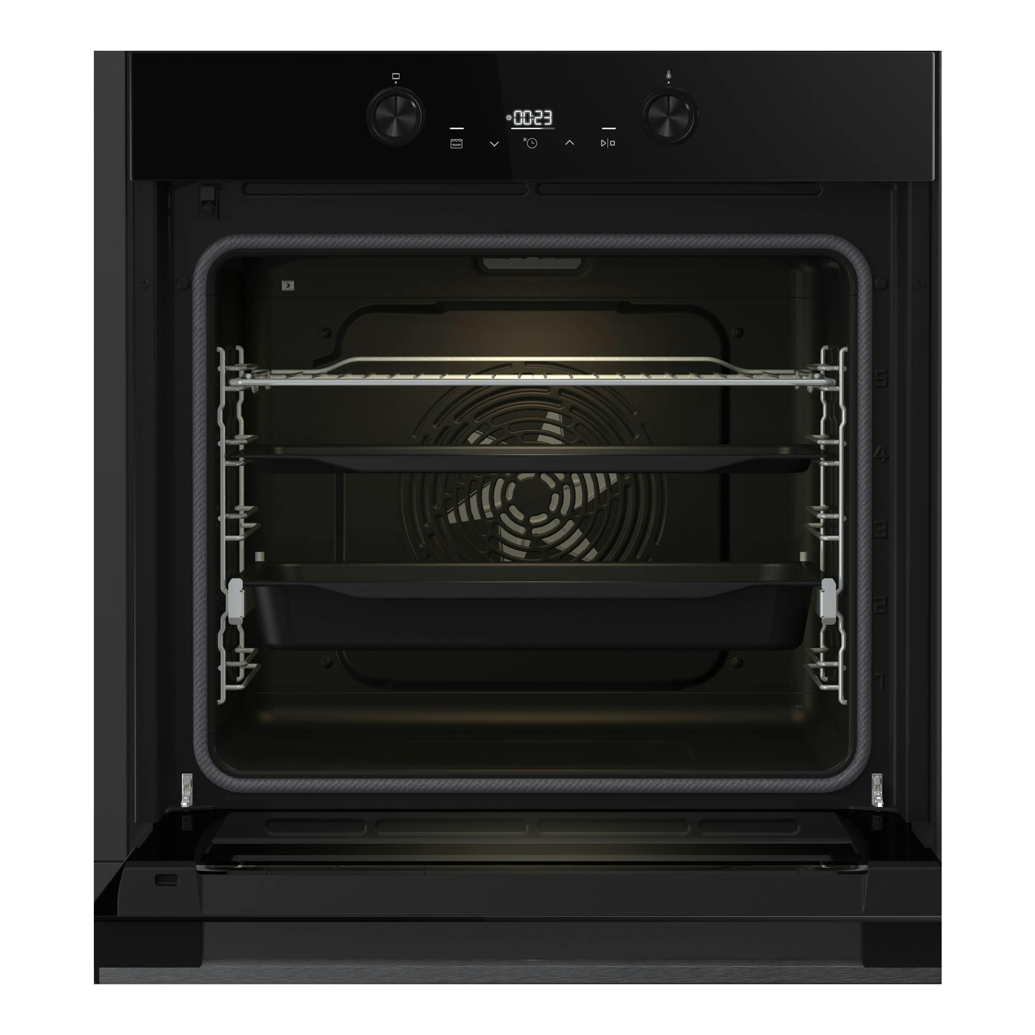 Horno empotrable Hisense BI64223EPBG negro, con puerta abierta, panel digital e interior con ventilador.
