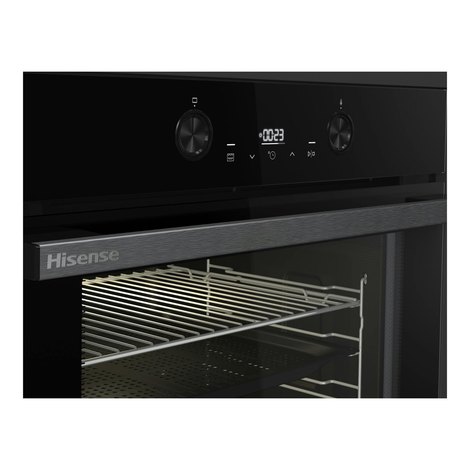 Horno empotrable Hisense BI64223EPBG en cristal negro, con puerta abierta y panel digital frontal.