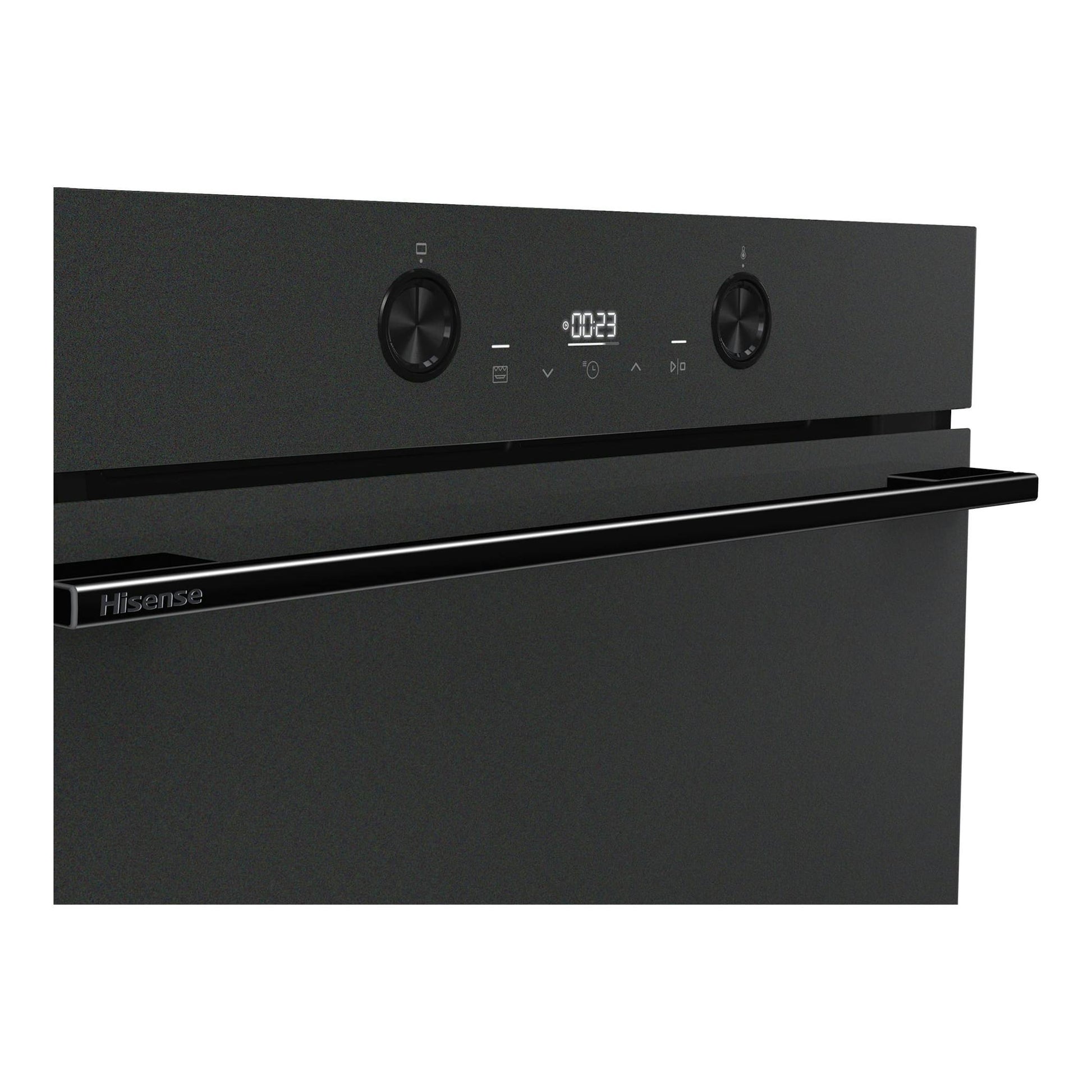 Horno Hisense BI64223EPMB negro mate, vista frontal parcial con panel digital y dos mandos.