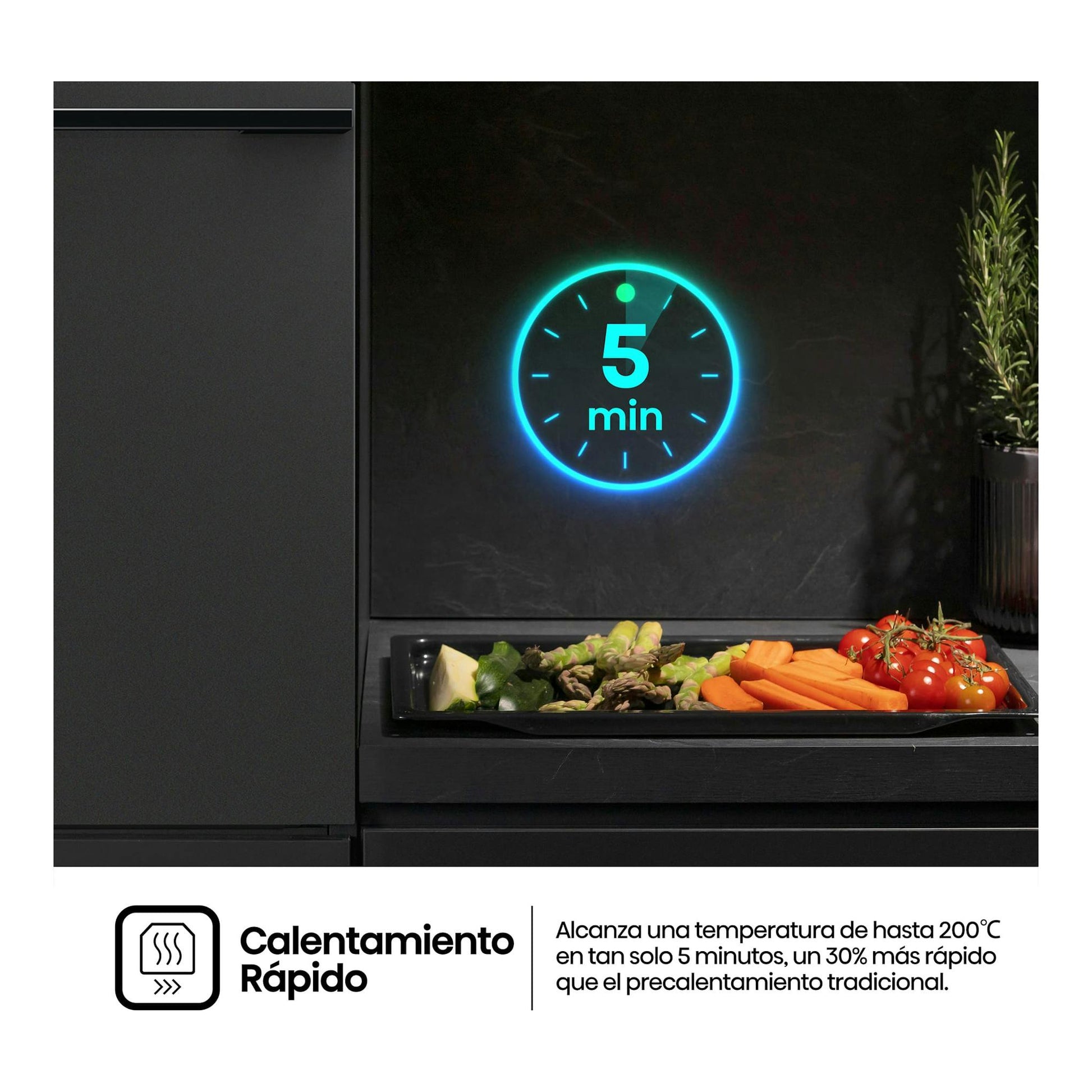 Horno Hisense BI64223EPMB negro mate, vista frontal empotrada, con indicador luminoso de 5 min y bandeja de verduras.