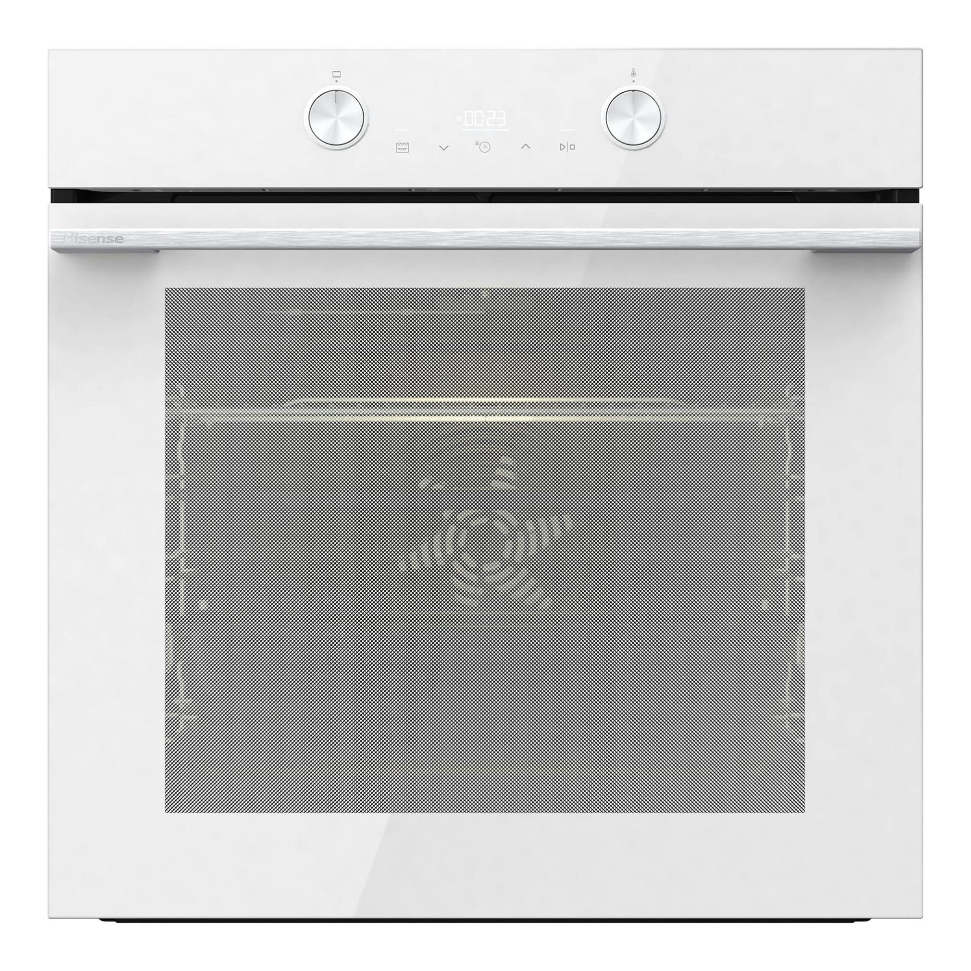 Horno Hisense BI64223EPWG blanco, vista frontal, con dos mandos y puerta de cristal.