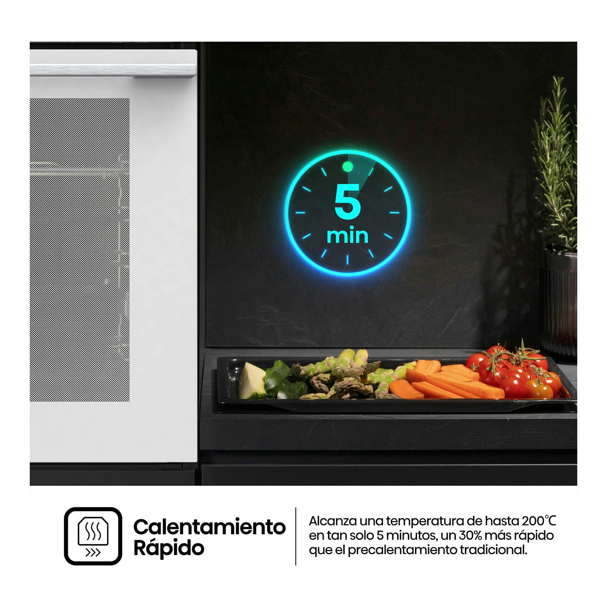 Horno Hisense BI64223EPWG de cristal negro, vista frontal, con display circular azul de 5 min.