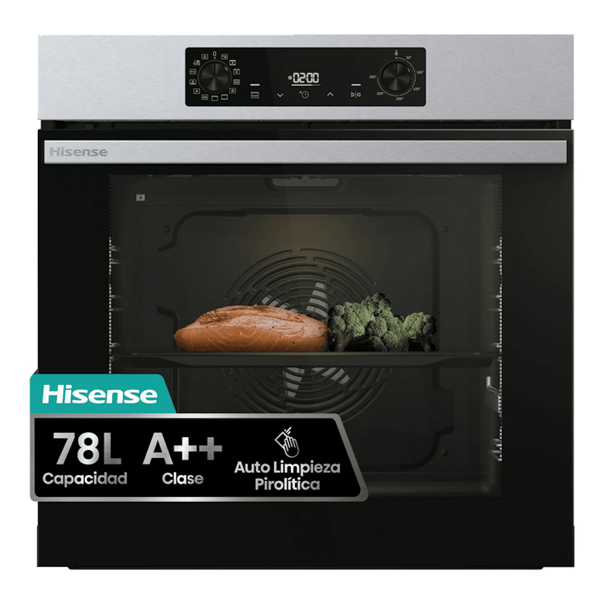 Horno Hisense BI64223EPX de acero inoxidable, vista frontal, panel negro con mandos y pantalla digital.